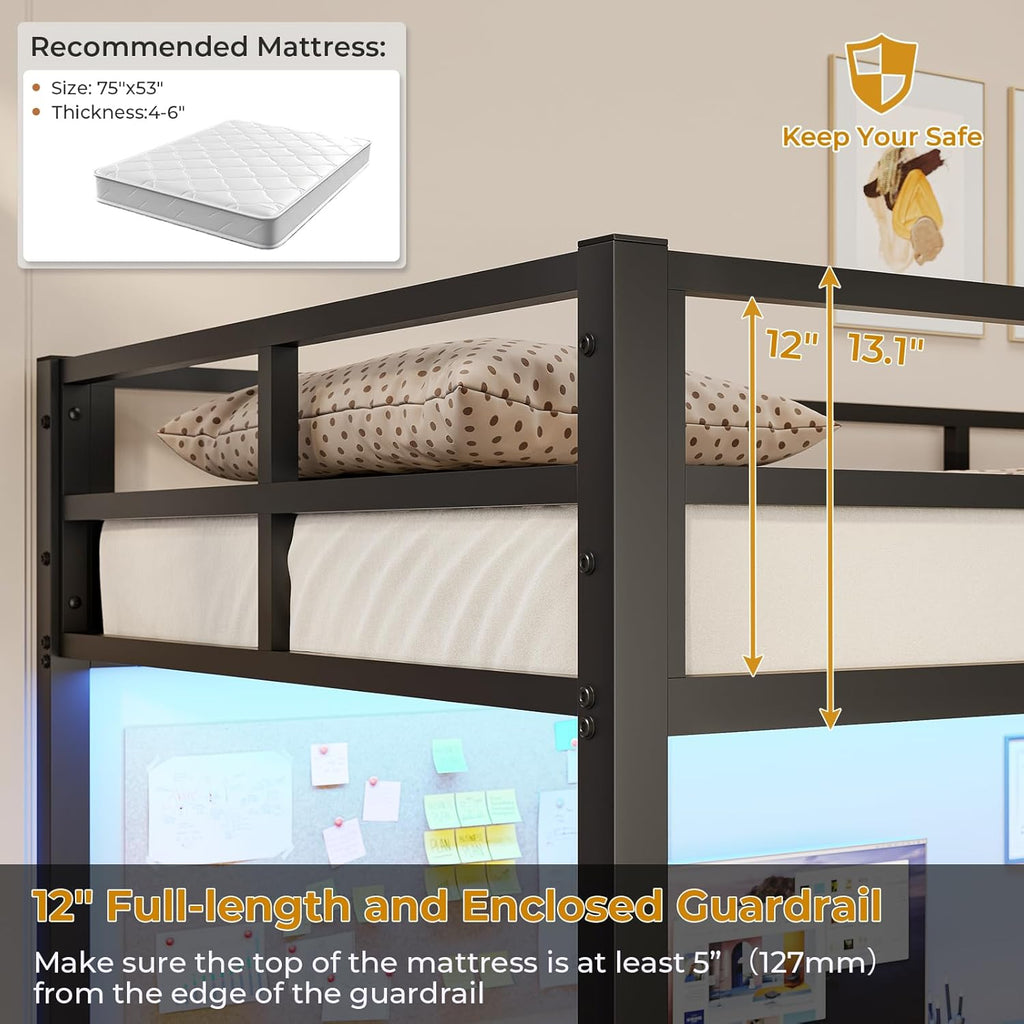 Loft Bed Frame Full Size Heavy Duty Metal Loft Bed with Desk&Charging Station&Led Lights&Clothes Rail, Safety Guard & Ladder, No Noise, Black