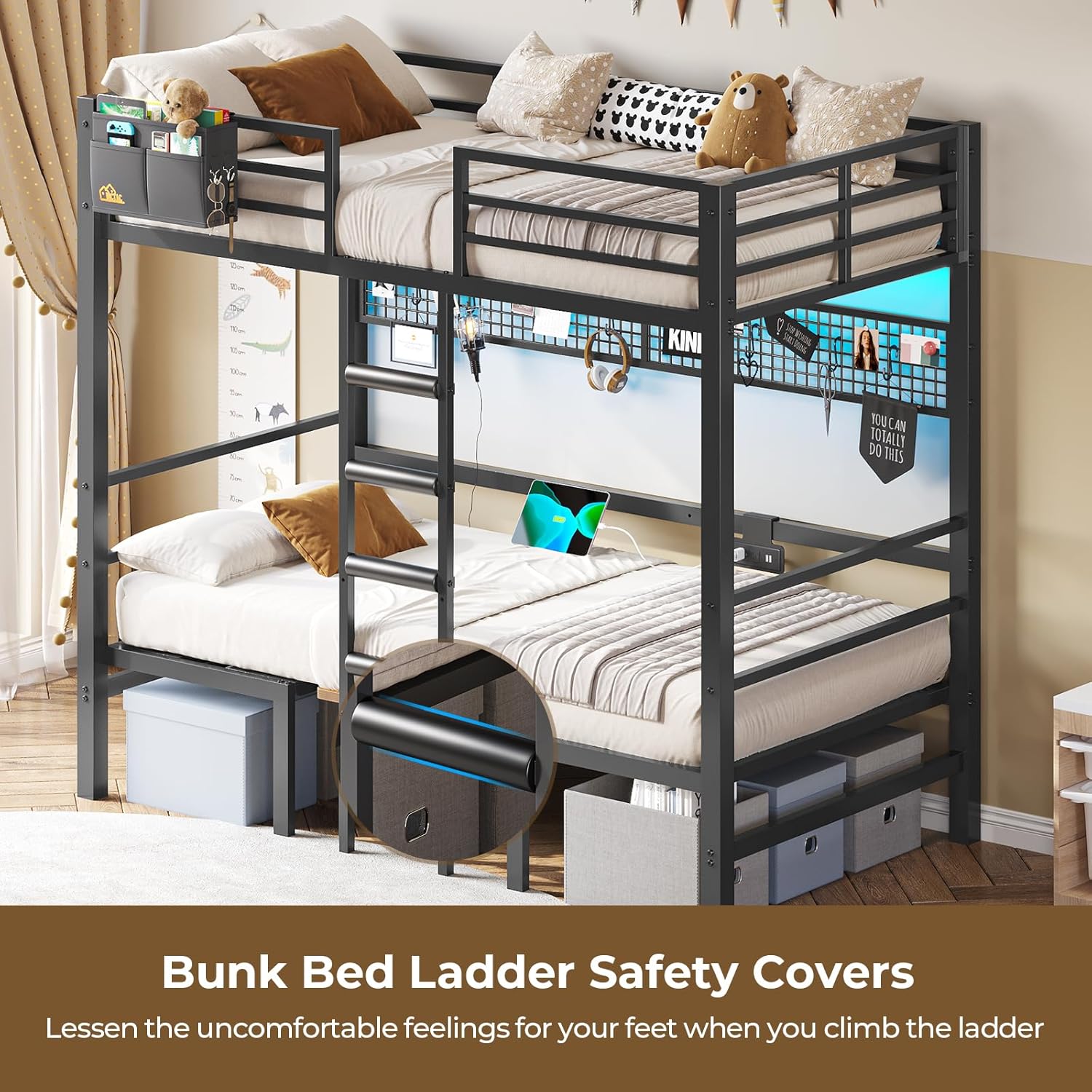 Twin Over Twin Metal Bunk Bed with Desk, Twin Size Loft Bed with Led Lights and Charging Station, Safety Guard and Stair, Convertible Metal Bunk Bed