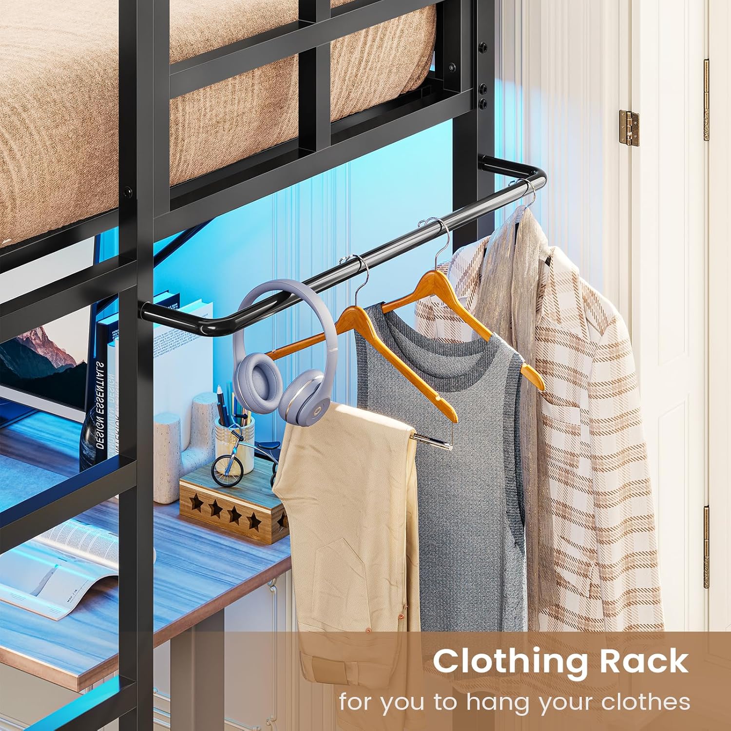 Twin Size Loft Bed Frame with Led Lights, Metal Loft Bed Frame with Full-Length Guardrail and Ladder, No Box Spring Needed, White