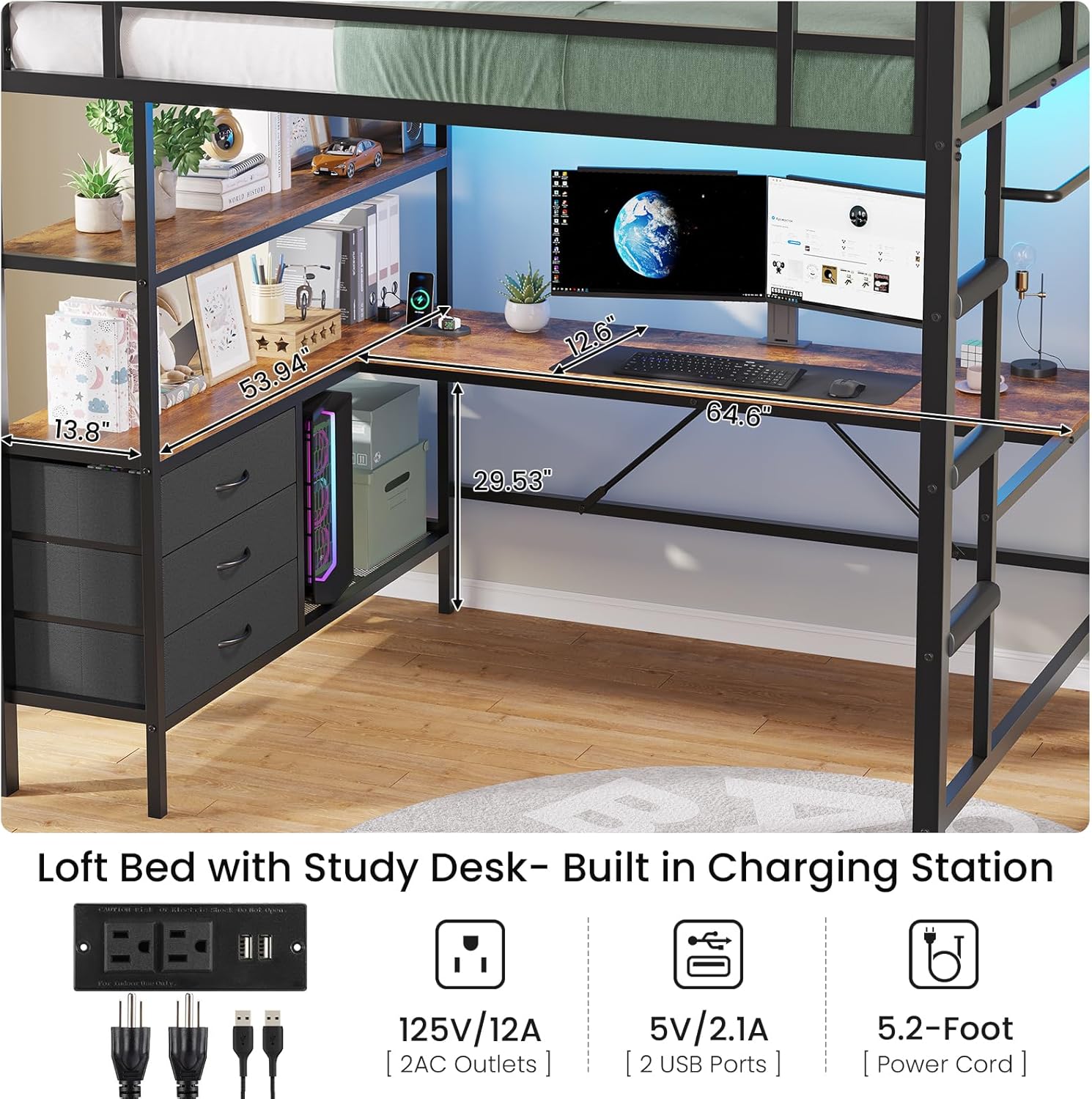 Full Size Loft Bed Frame with Desk&LED Lights&Charging Station&3 Storage Drawers, Black/White/Pink