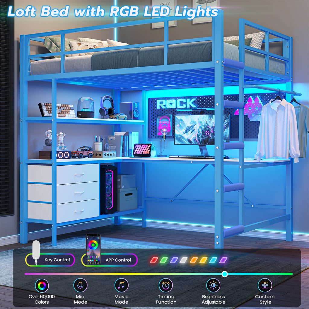 Twin Size Metal Loft Bed Frame with L-Shaped Desk&LED Lights&Charging Station, Black LED Loft Bed with 3 Storage Shelves&Drawers, No Box Spring Needed