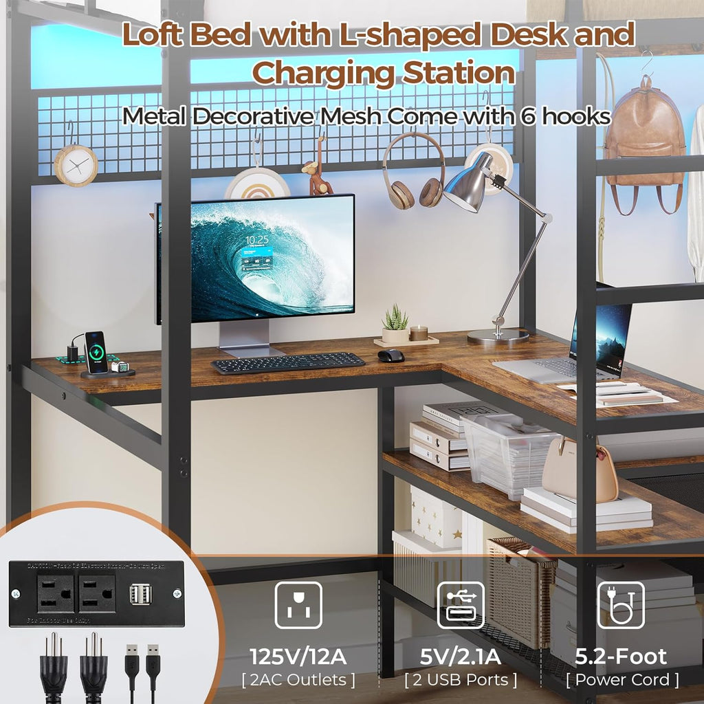 Twin Size Loft Bed with L-Shaped Desk&LED Lights&Charging Station, Twin Metal Loft Bed with Storage Shelves&Drawers,Top Bunk with Safety Guard & Stair, Black