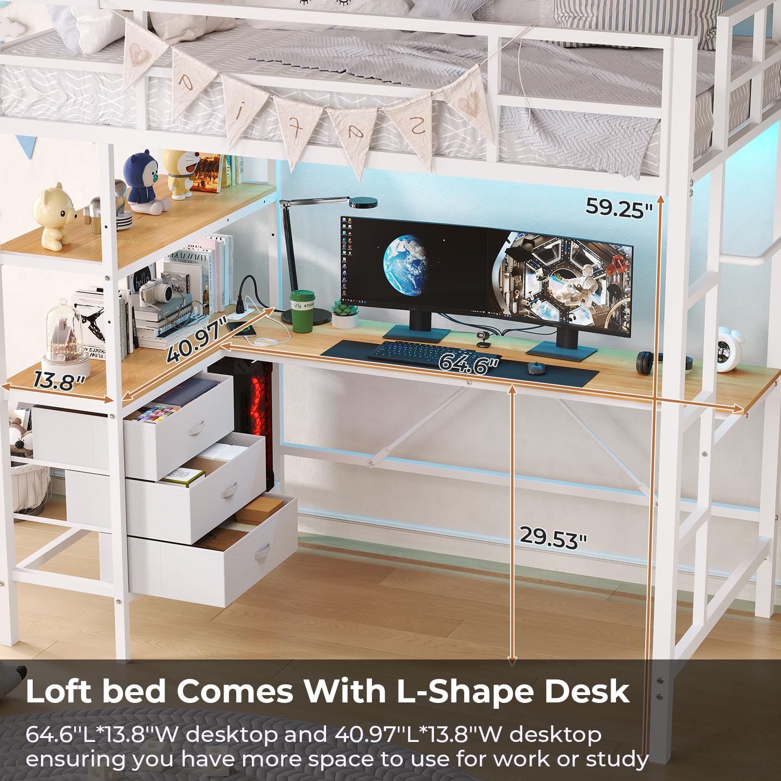 Twin Size Metal Loft Bed Frame with L-Shaped Desk&LED Lights&Charging Station, Black LED Loft Bed with 3 Storage Shelves&Drawers, No Box Spring Needed