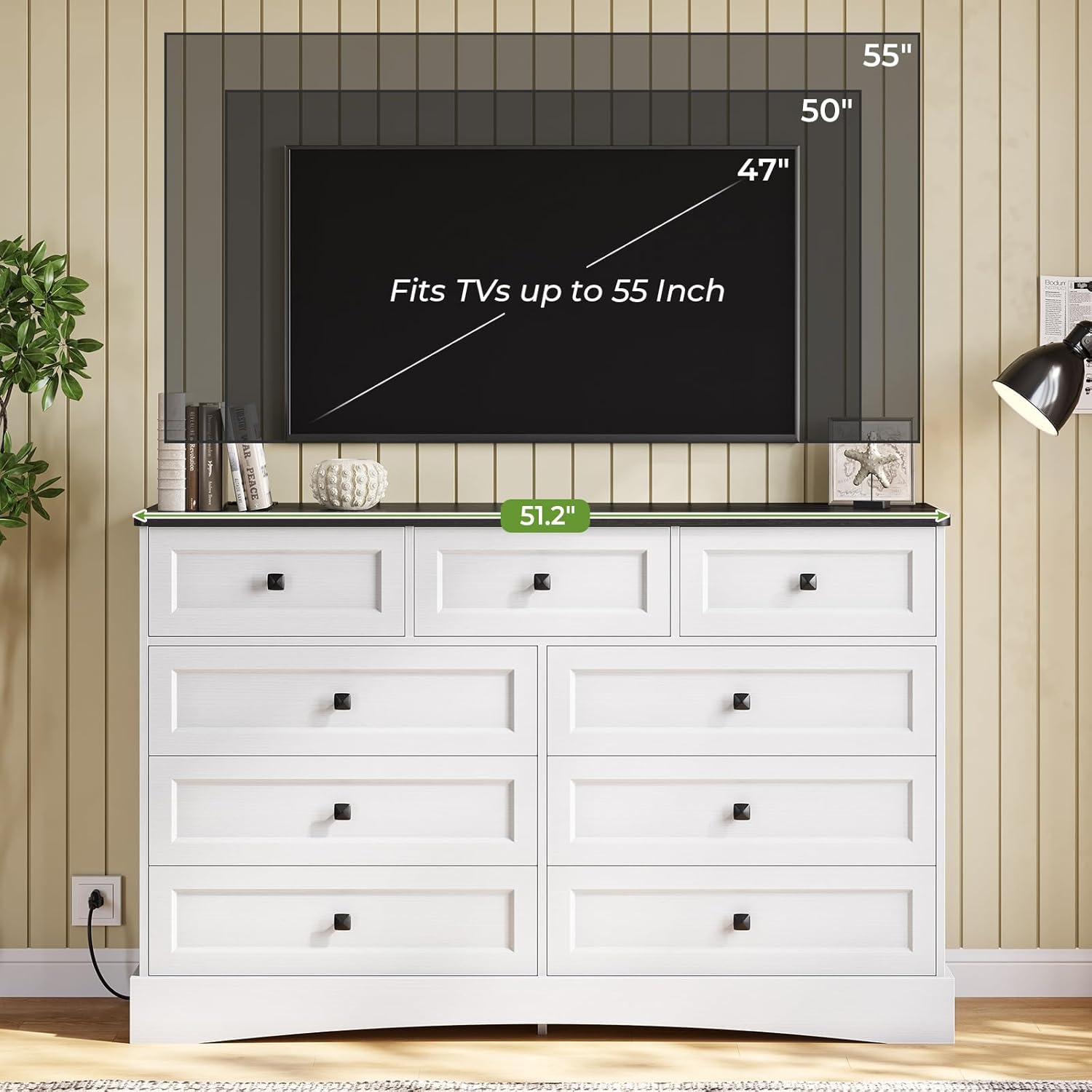 Mabor 9 Drawers Dresser with Charging Station for Bedroom, Chest of Drawers with 9 Drawers, Black/White