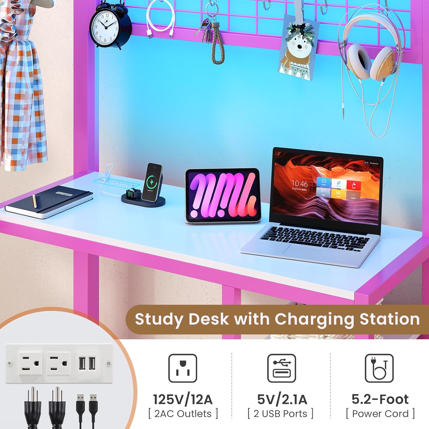 Mabor Metal Bunk Bed with Desk Twin Over Twin Size Bunk Bed with Charging Station and LED Lights, Twin Size Loft Bed Frame with Storage Shelves and Drawers for Bedroom, No Box Spring Needed, Black