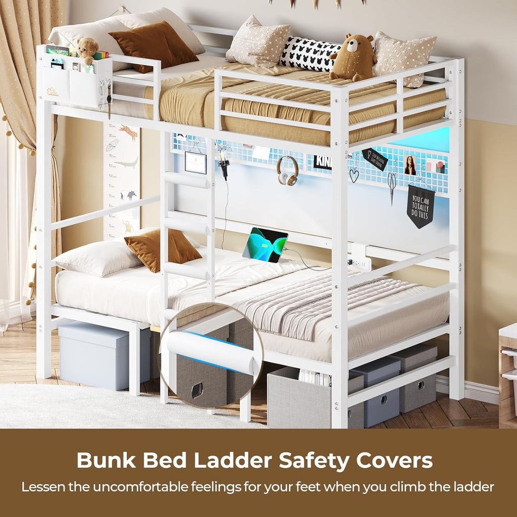 Twin Over Twin Metal Bunk Bed with Desk, Twin Size Loft Bed with Led Lights and Charging Station, Safety Guard and Stair, Convertible Metal Bunk Bed