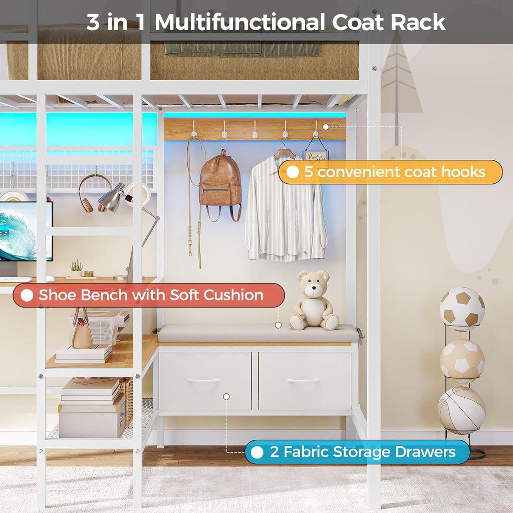Twin Size Loft Bed with L-Shaped Desk&LED Lights&Charging Station, Twin Metal Loft Bed with Storage Shelves&Drawers,Top Bunk with Safety Guard & Stair, Black