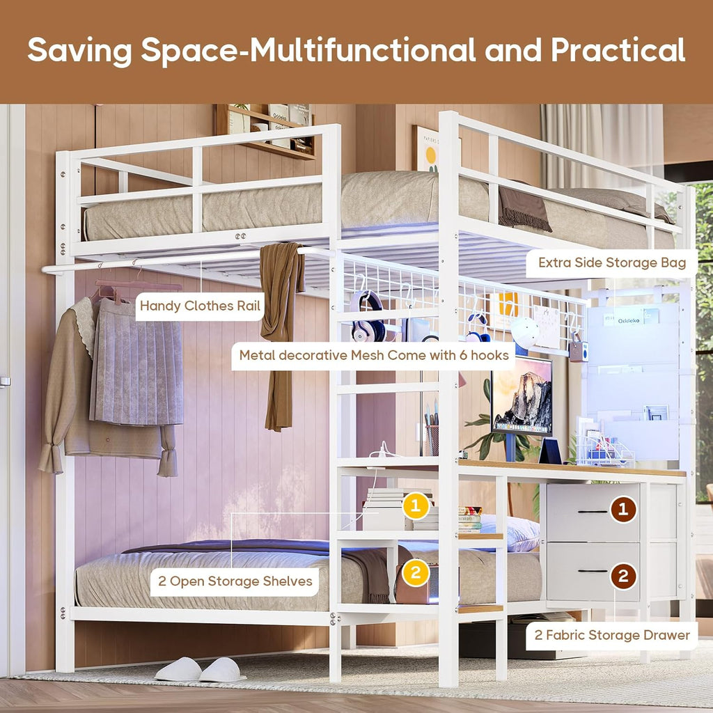 Full Over Twin Size Bunk Bed with Desk&Charging Station&LED Lights&Drawers&Storage Shelves, Full Over Twin Metal Loft Bed for Adults, No Box Spring Needed, White