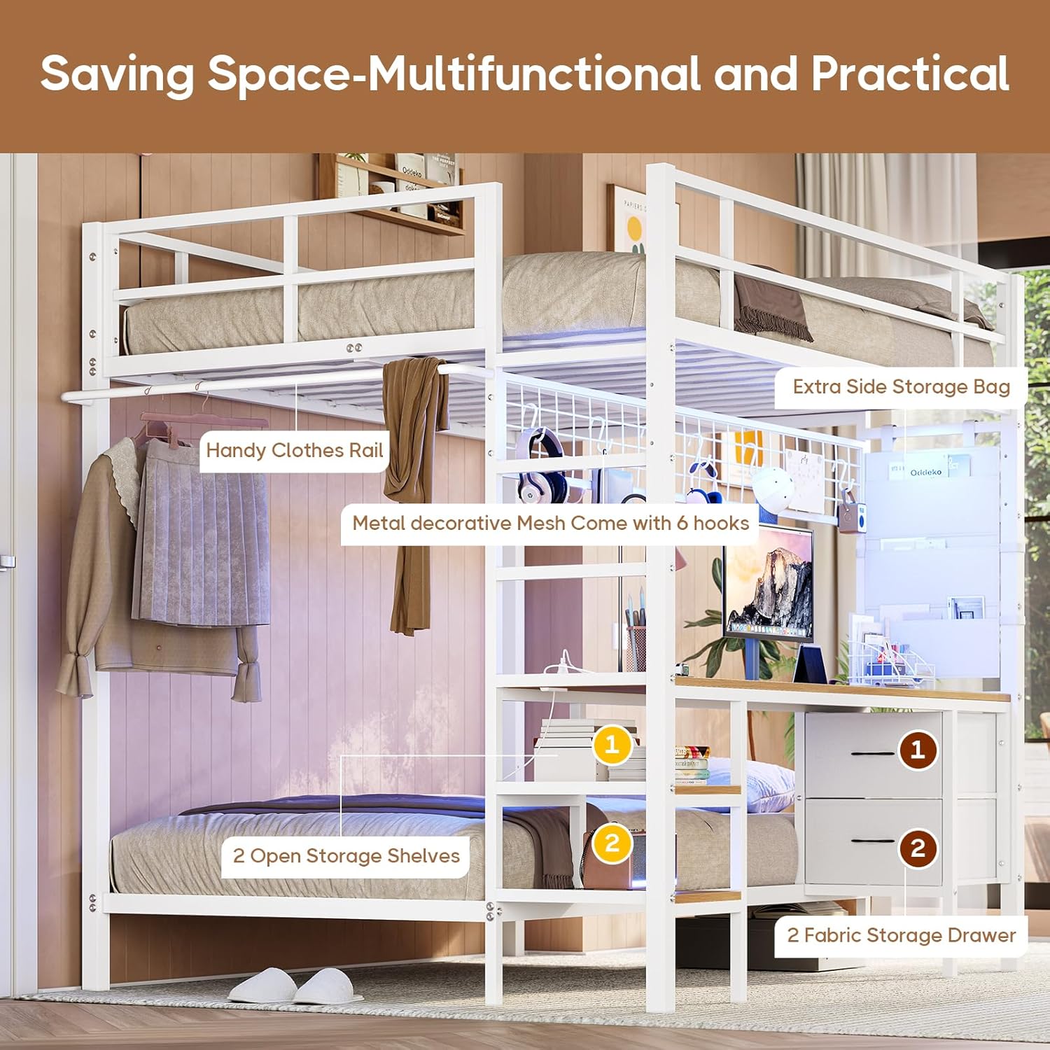 Full Over Twin Size Bunk Bed with Desk&Charging Station&LED Lights&Drawers&Storage Shelves, Full Over Twin Metal Loft Bed for Adults, No Box Spring Needed, White