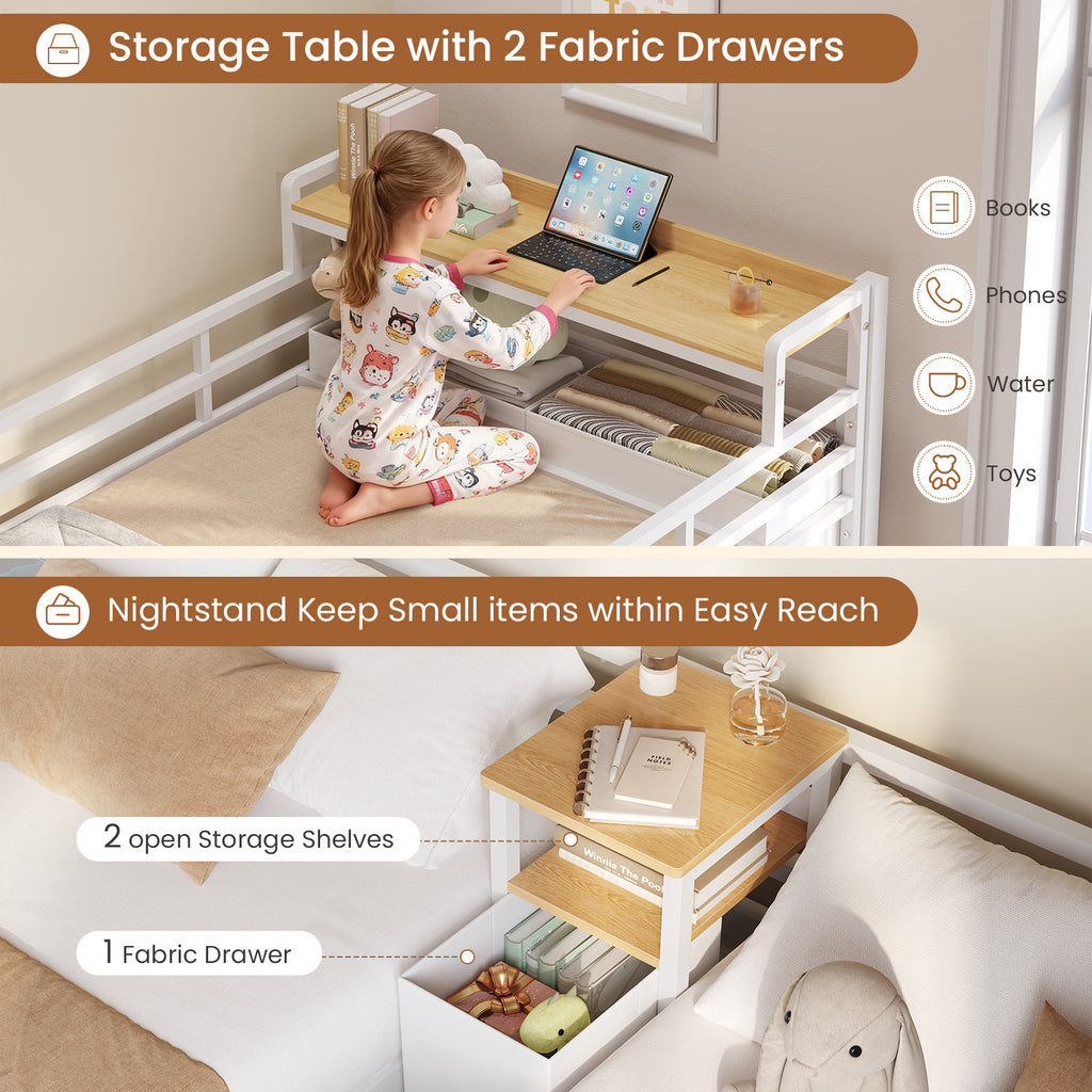 Mabor Triple Bunk Bed with LED Lights and Charging Station, Twin Over Twin Over Twin Loft Bed Frame with 3 Storage Drawers&Study Desk&Guardrails and Ladder, Black/White
