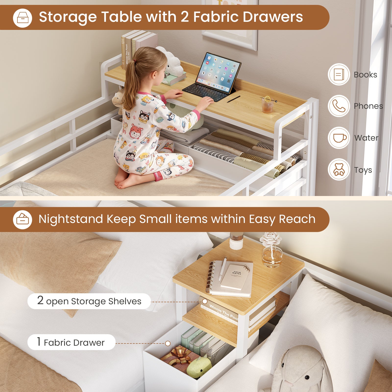 Mabor Triple Bunk Bed with LED Lights and Charging Station, Twin Over Twin Over Twin Loft Bed Frame with 3 Storage Drawers&Study Desk&Guardrails and Ladder, Black/White