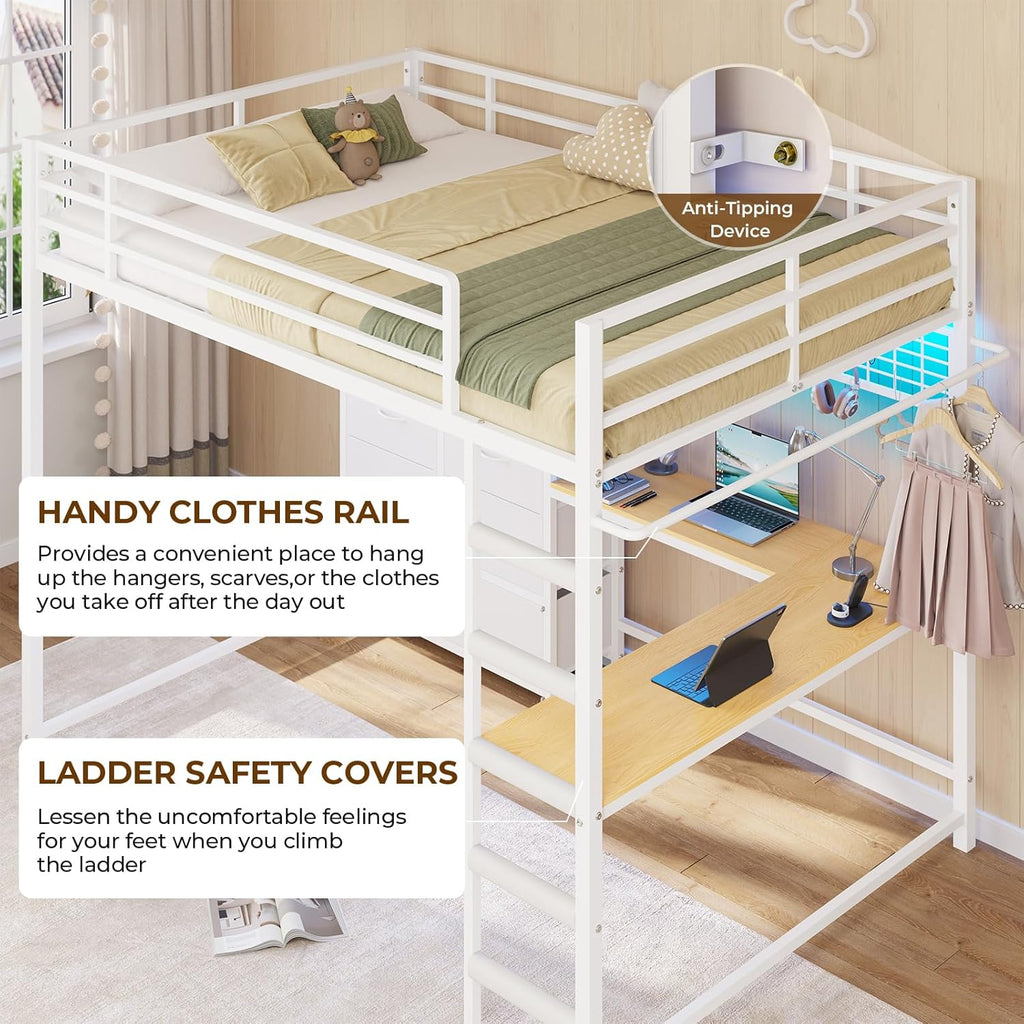 Mabor Twin/Full Size Loft Bed Frame with L-Shaped Desk & Charging Station & LED Lights & 7 Storage Drawers for Bedroom, Black/White