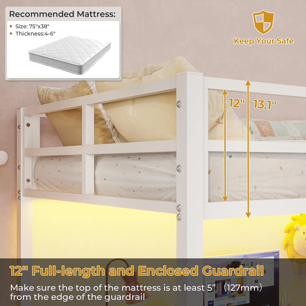 Twin Size Loft Bed Frame with Desk&Charging Station&Led Lights&Clothes Rail, Black/White