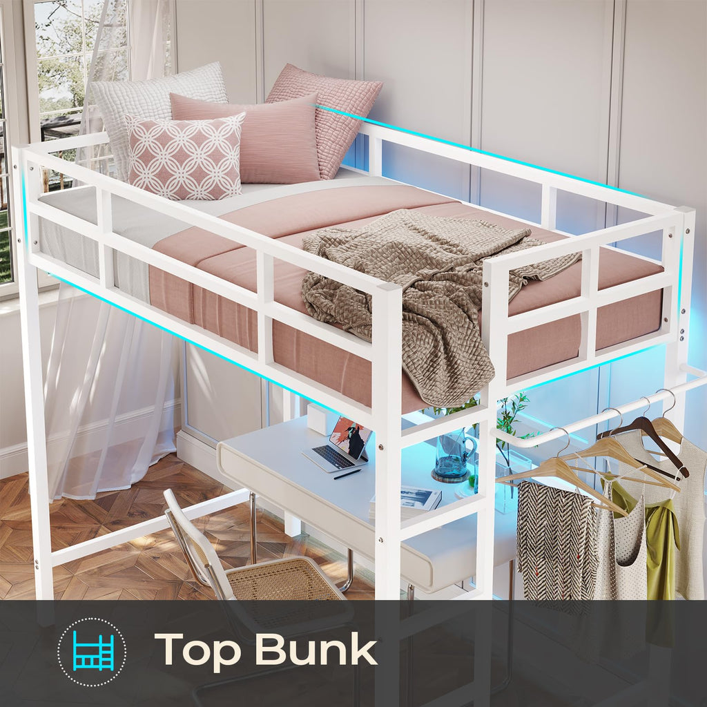 Twin Size Loft Bed Frame with Led Lights, Metal Loft Bed Frame with Full-Length Guardrail and Ladder, No Box Spring Needed, White