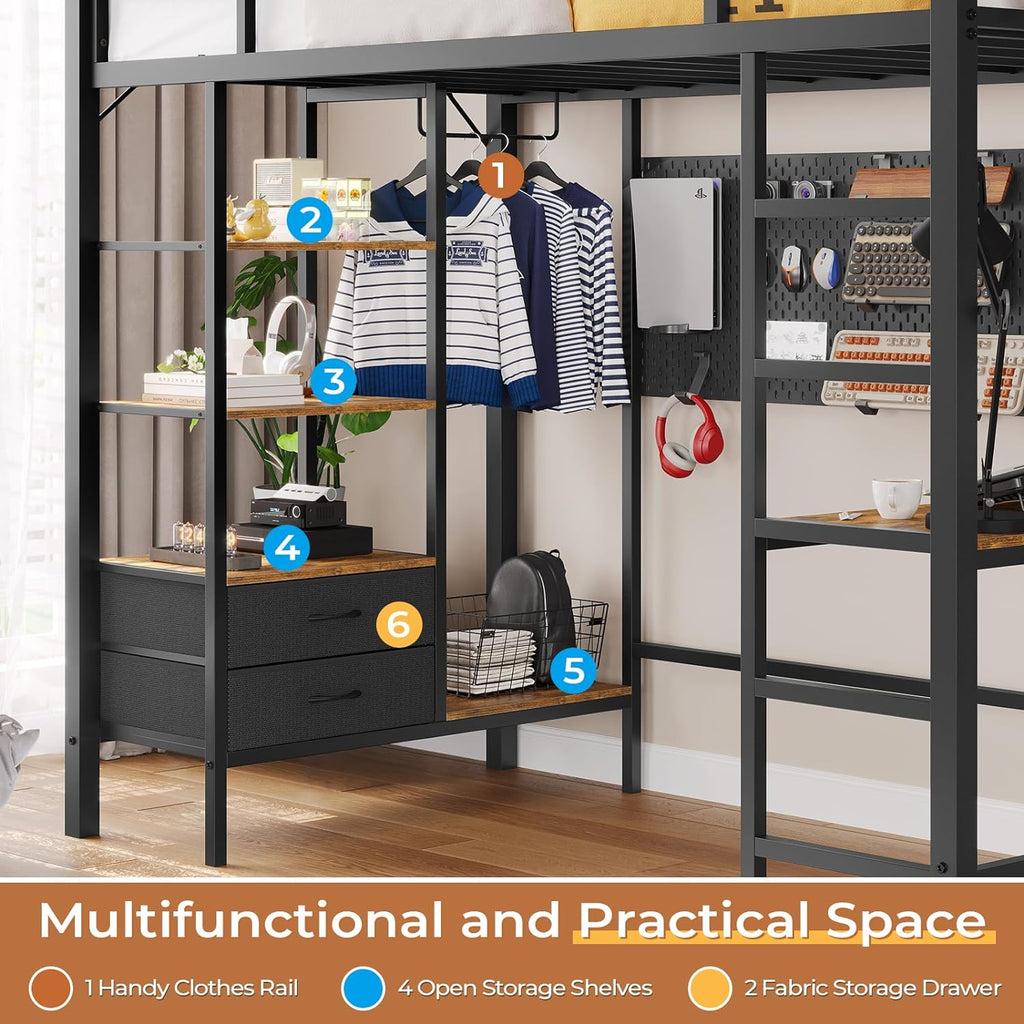 Mabor Twin Loft Bed with Desk&Charging Stations&Led Lights, LED Metal Loft Bed Frame with Storage Shelves&Drawers&Clothes Rail, Safety Guard & Ladder, Black