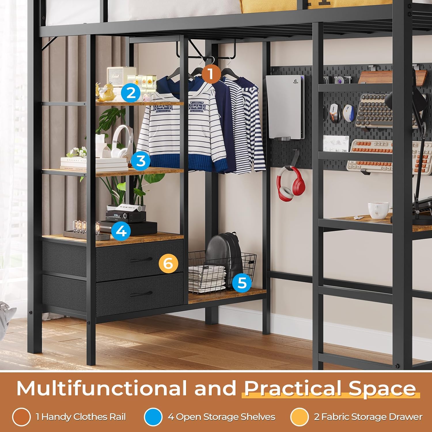 Mabor Twin Loft Bed with Desk&Charging Stations&Led Lights, LED Metal Loft Bed Frame with Storage Shelves&Drawers&Clothes Rail, Safety Guard & Ladder, Black