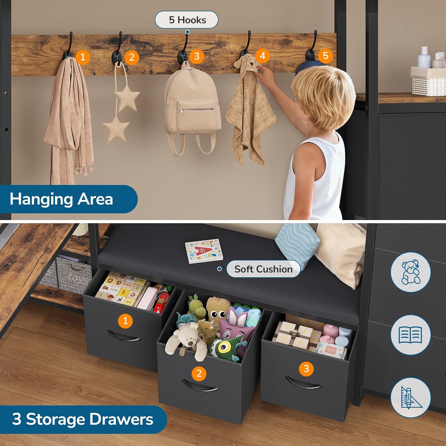 Mabor Twin Size Loft Bed with Desk and 6 Storage Drawers and LED Lights and Charging Station and Large Pegboard,Black/White