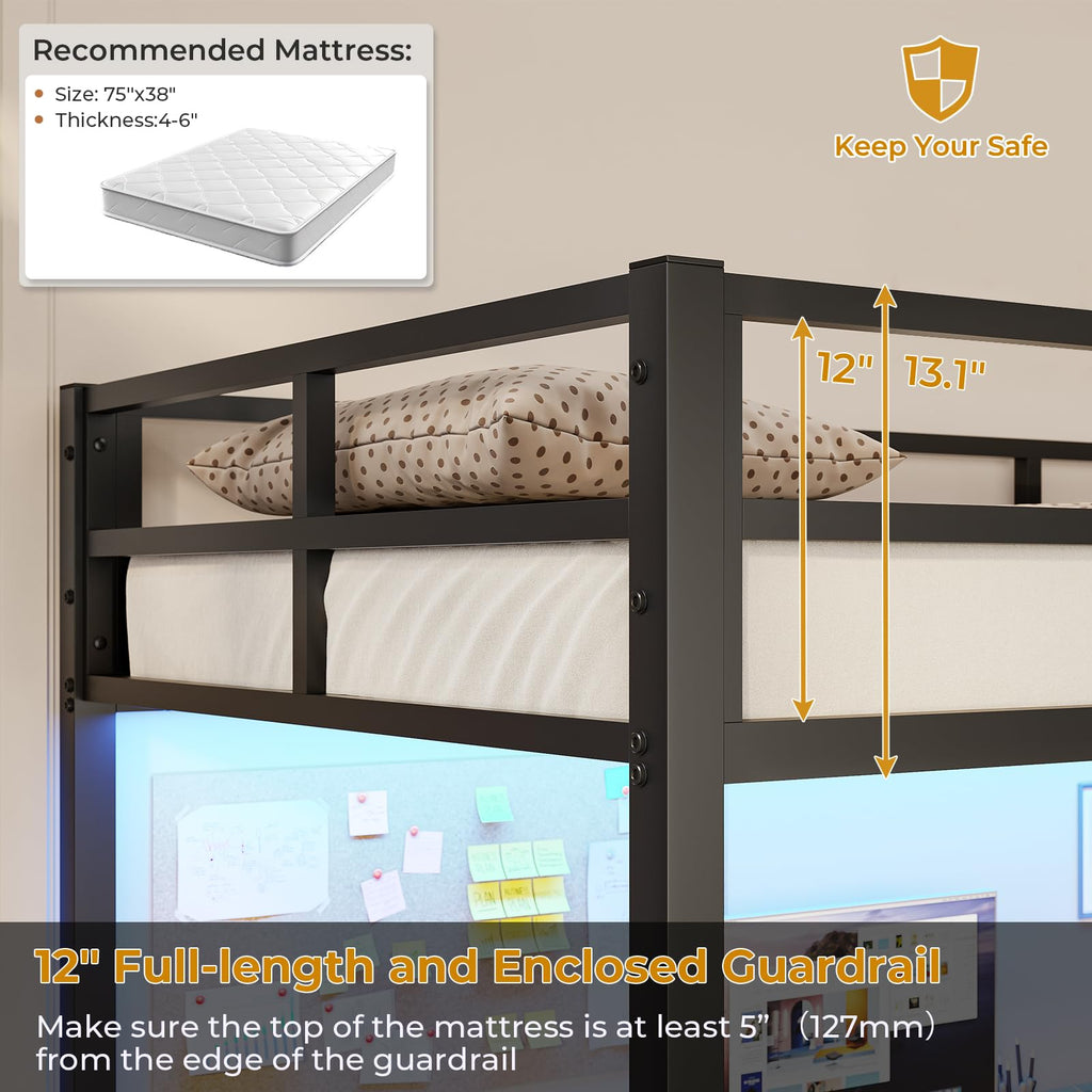 Twin Size Loft Bed Frame with Desk&Charging Station&Led Lights&Clothes Rail, Black/White