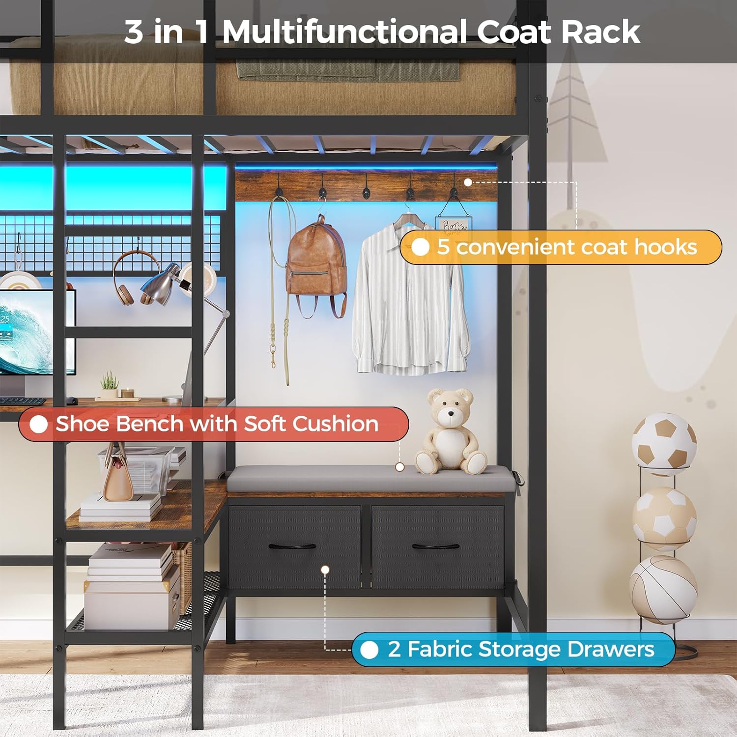 Twin Size Loft Bed with L-Shaped Desk&LED Lights&Charging Station, Twin Metal Loft Bed with Storage Shelves&Drawers,Top Bunk with Safety Guard & Stair, Black
