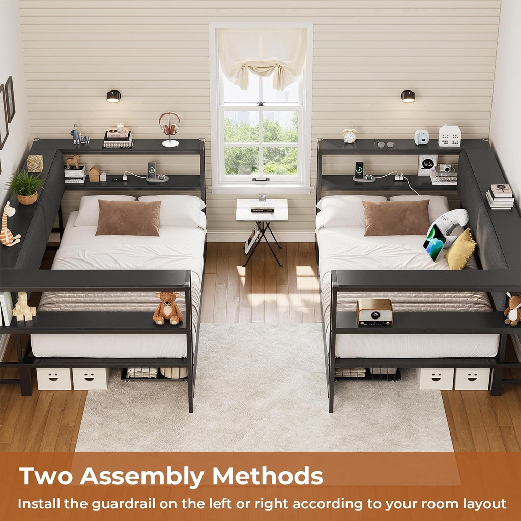 Mabor Corner Bed Frame Twin/Full Size Daybeds with 2 Drawers & Charging Station & Storage Shelves for Bedroom, Black/Gray
