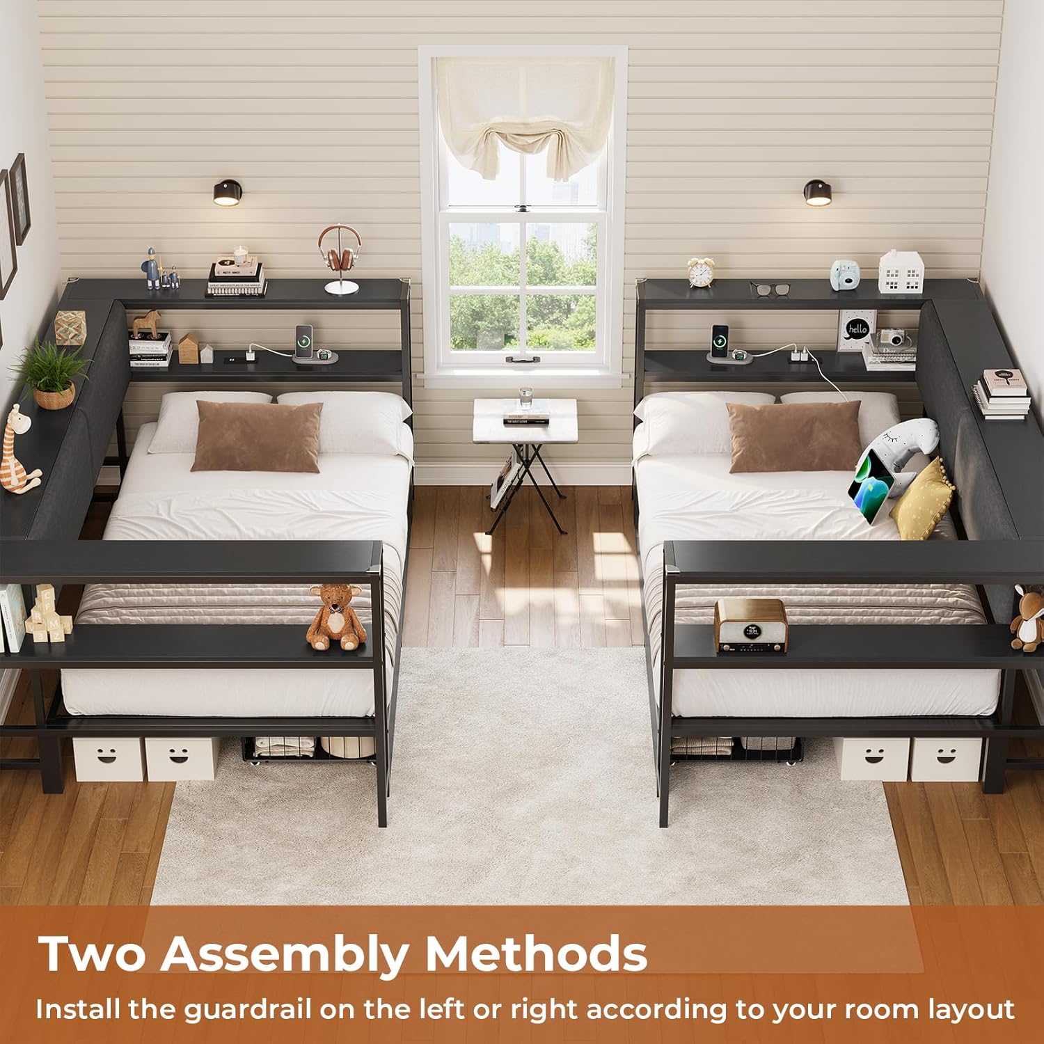 Mabor Corner Bed Frame Twin/Full Size Daybeds with 2 Drawers & Charging Station & Storage Shelves for Bedroom, Black/Gray