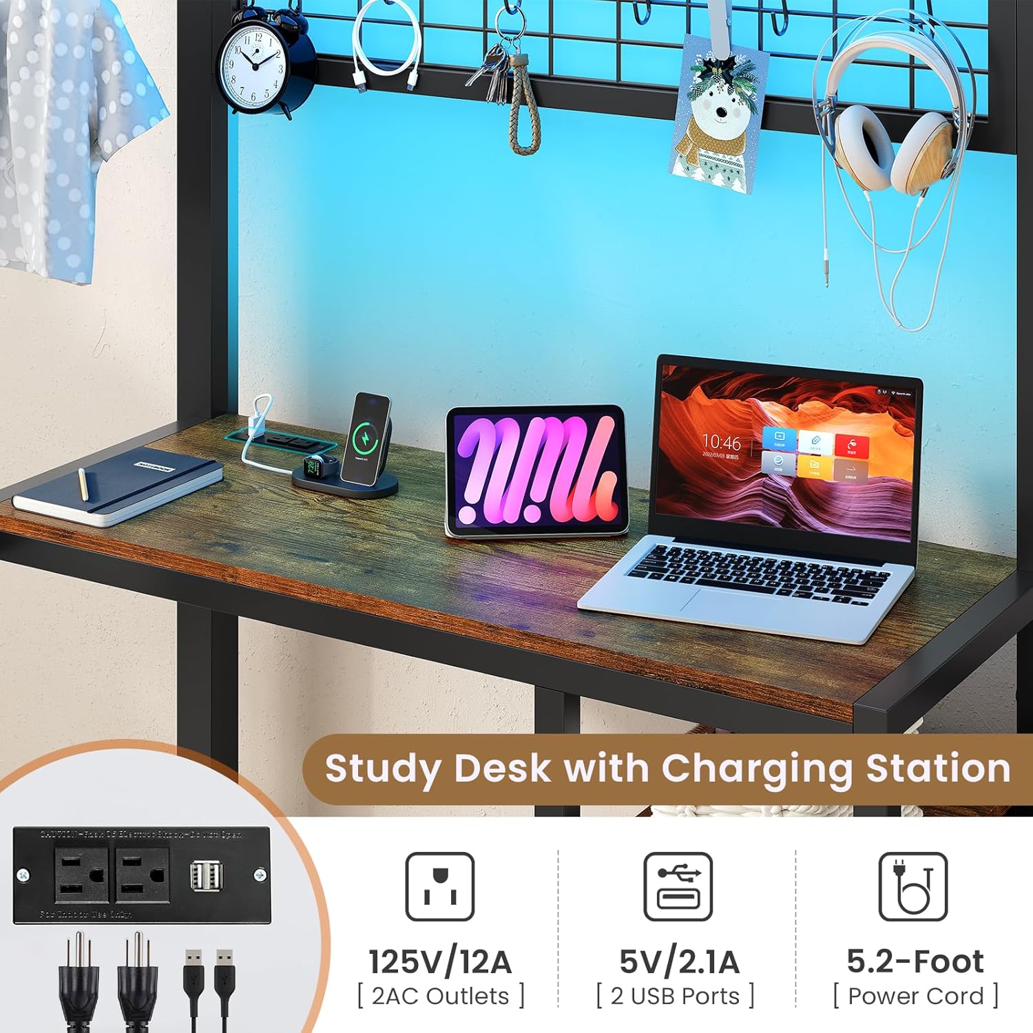 Mabor Metal Bunk Bed with Desk Twin Over Twin Size Bunk Bed with Charging Station and LED Lights, Twin Size Loft Bed Frame with Storage Shelves and Drawers for Bedroom, No Box Spring Needed, Black