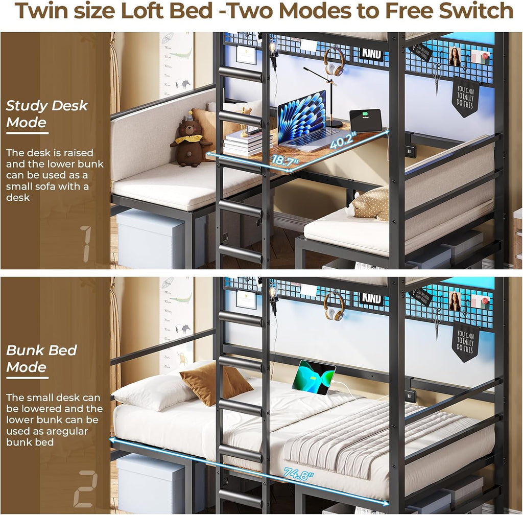 Twin Over Twin Metal Bunk Bed with Desk, Twin Size Loft Bed with Led Lights and Charging Station, Safety Guard and Stair, Convertible Metal Bunk Bed