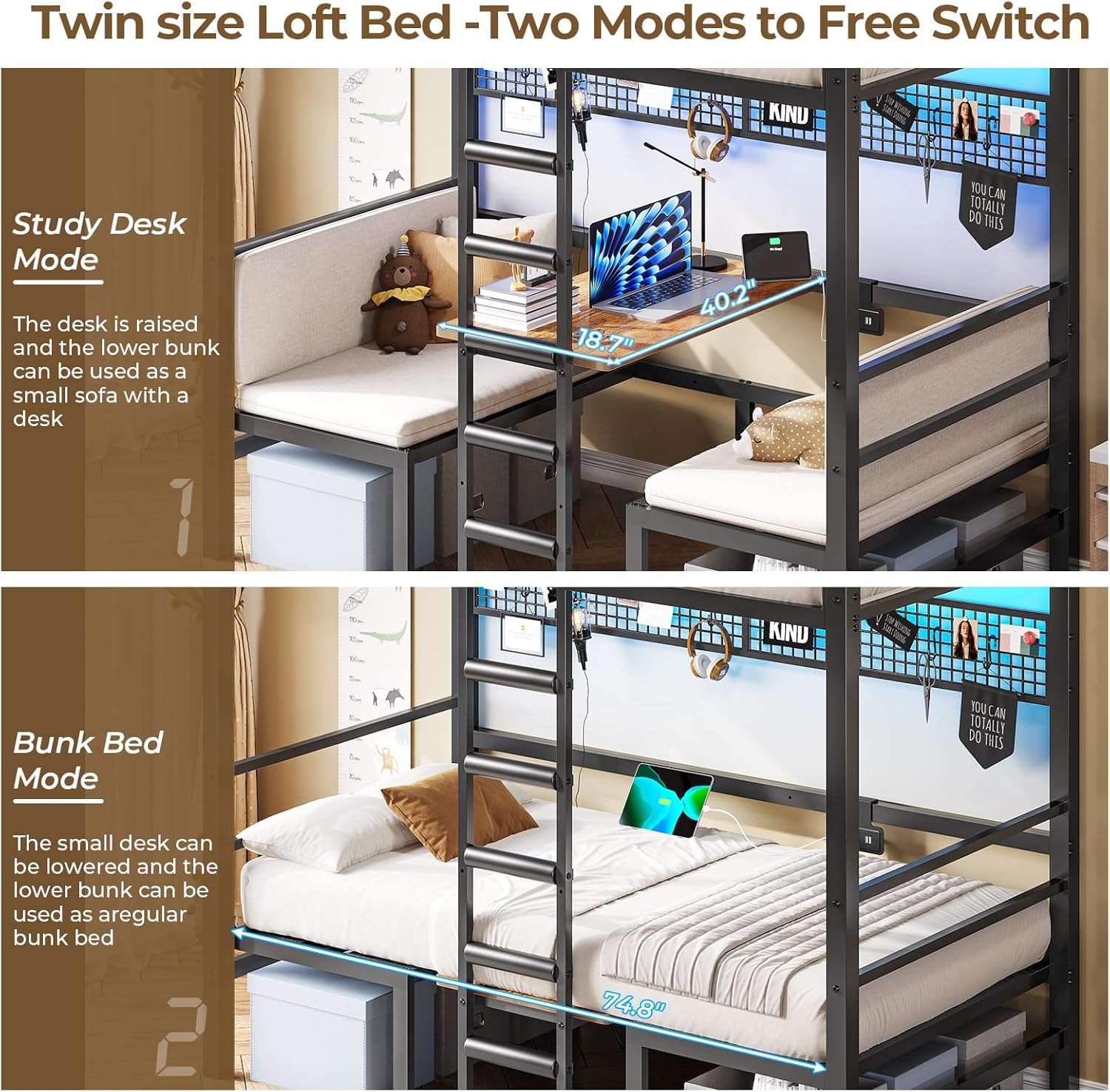 Twin Over Twin Metal Bunk Bed with Desk, Twin Size Loft Bed with Led Lights and Charging Station, Safety Guard and Stair, Convertible Metal Bunk Bed