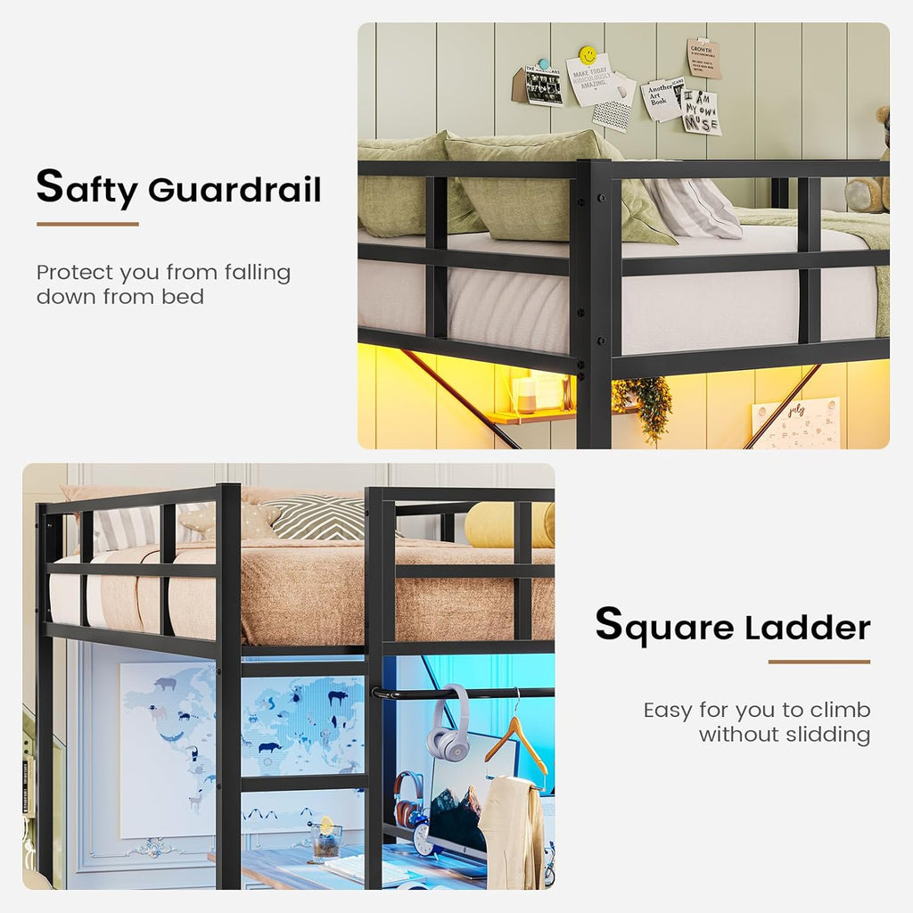Twin Size Loft Bed Frame with Led Lights, Metal Loft Bed Frame with Full-Length Guardrail and Ladder, No Box Spring Needed, White