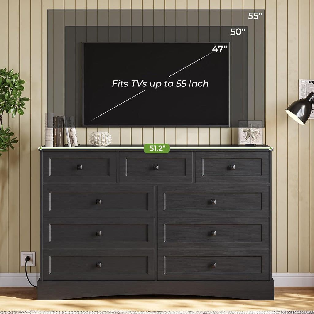 Mabor 9 Drawers Dresser with Charging Station for Bedroom, Chest of Drawers with 9 Drawers, Black/White