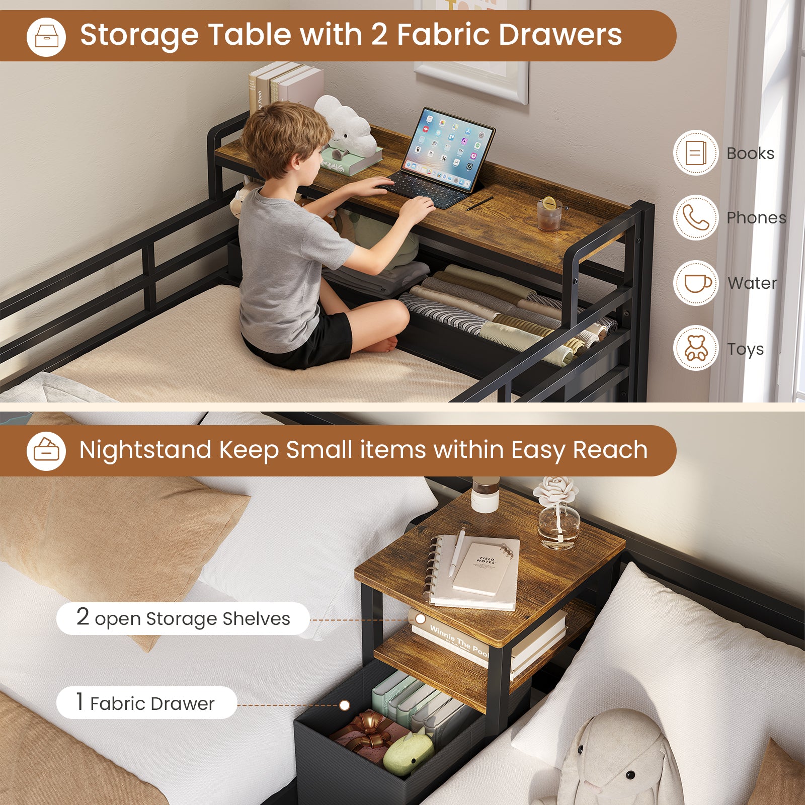 Mabor Triple Bunk Bed with LED Lights and Charging Station, Twin Over Twin Over Twin Loft Bed Frame with 3 Storage Drawers&Study Desk&Guardrails and Ladder, Black/White