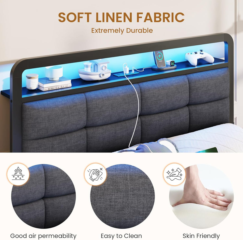Mabor Floating Bed Frame with Storage Headboard and Charging Station and LED Lights, Full/Twin Size