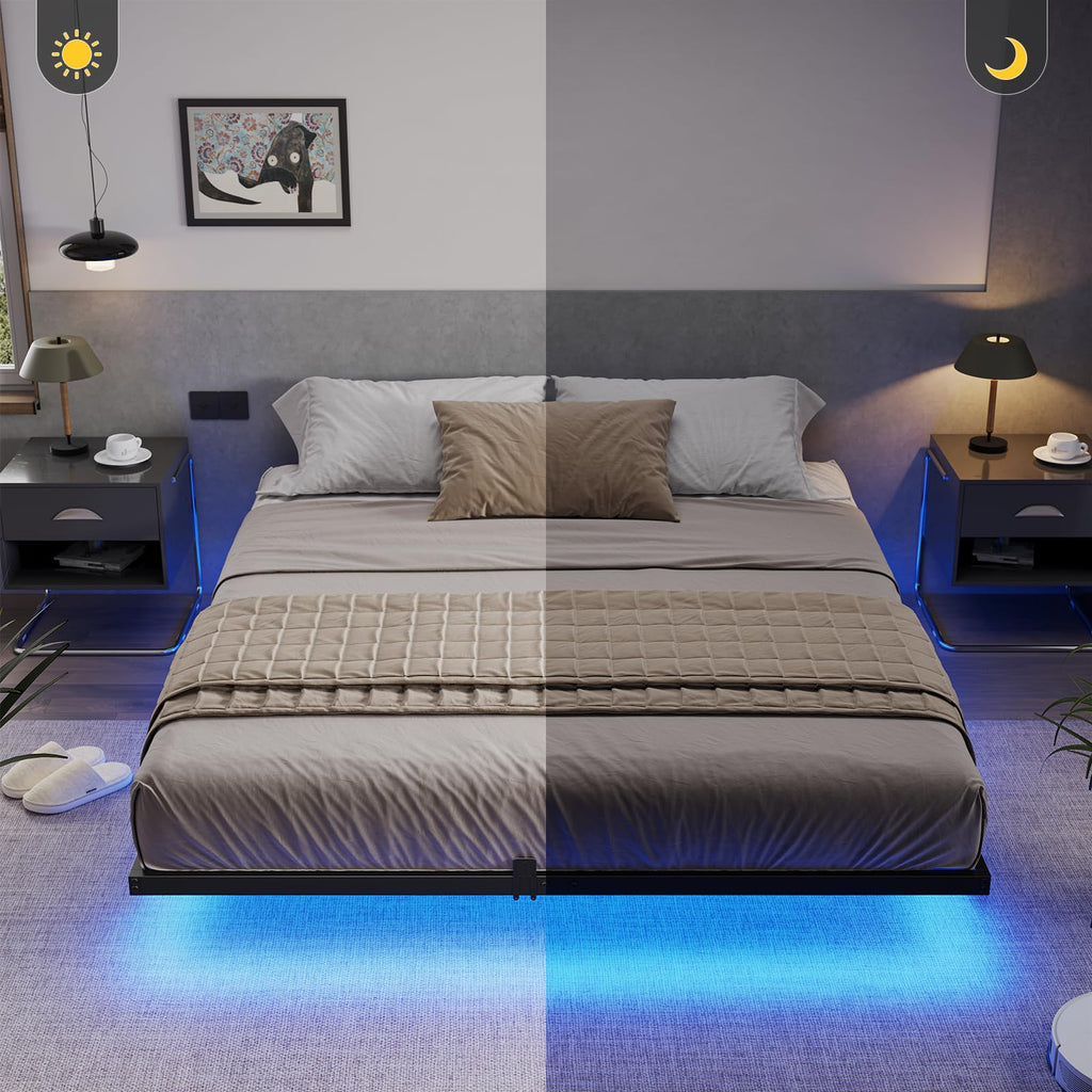 Mabor Metal Floating Bed Frame with LED Lights for Bedroom,No Box Spring Needed,Black/White