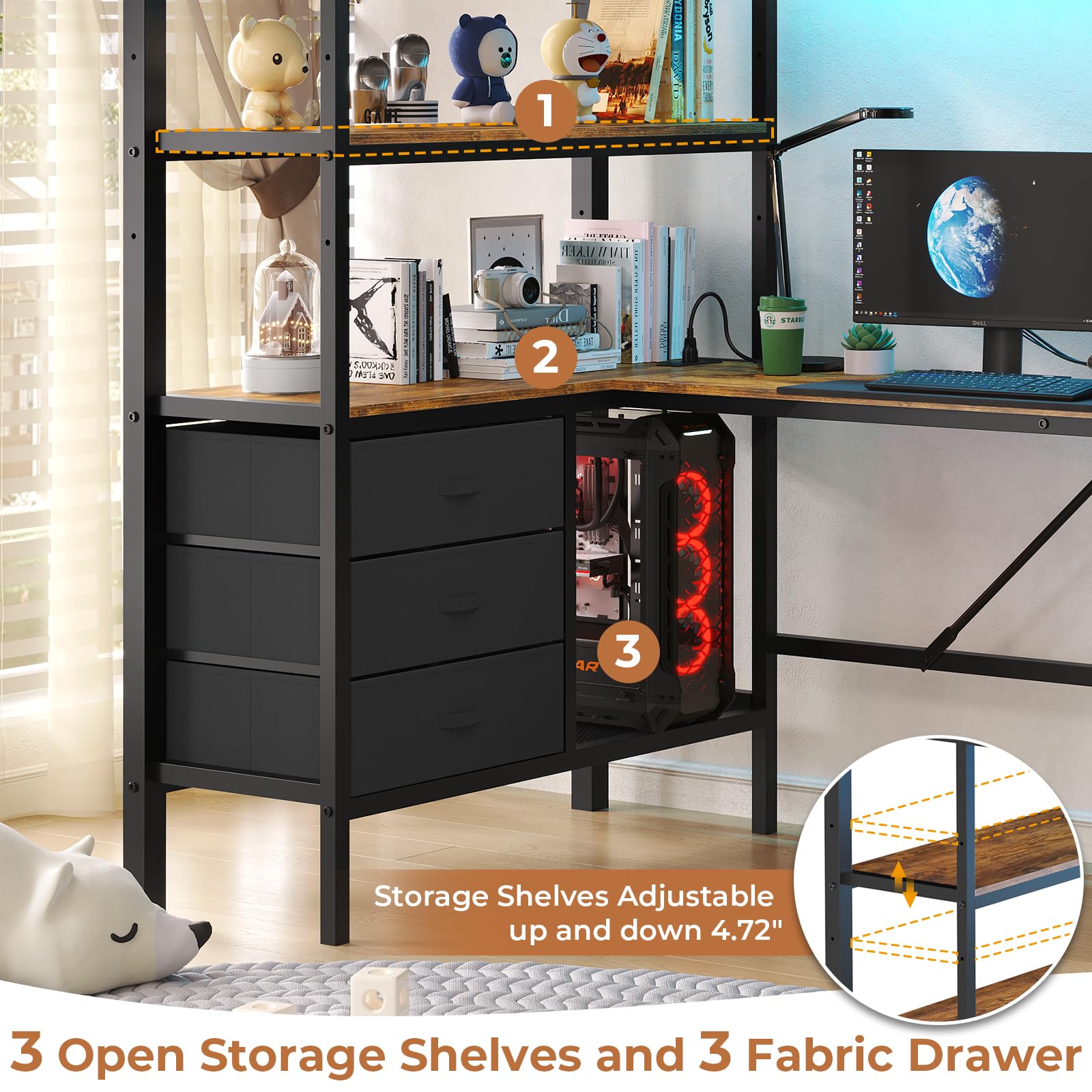 Twin Size Metal Loft Bed Frame with L-Shaped Desk&LED Lights&Charging Station, Black LED Loft Bed with 3 Storage Shelves&Drawers, No Box Spring Needed