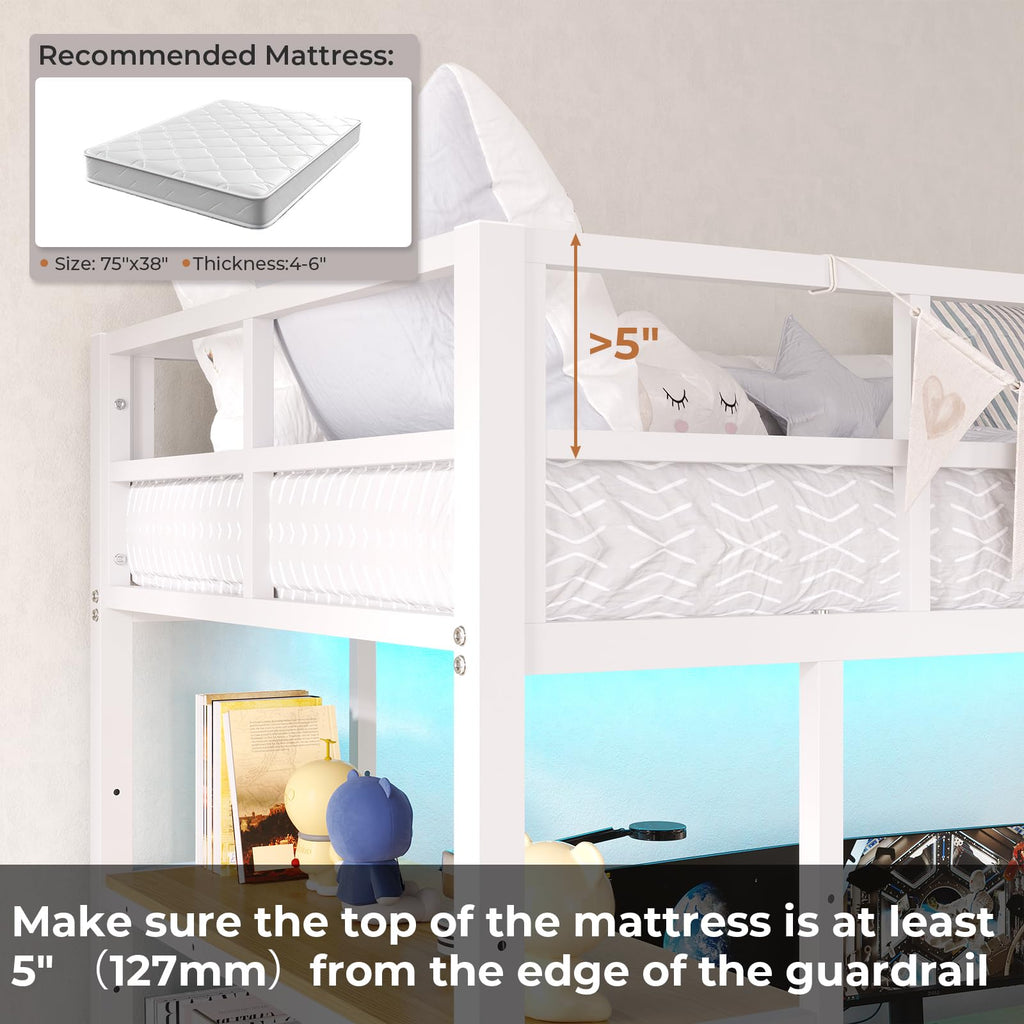 Twin Size Metal Loft Bed Frame with L-Shaped Desk&LED Lights&Charging Station, Black LED Loft Bed with 3 Storage Shelves&Drawers, No Box Spring Needed