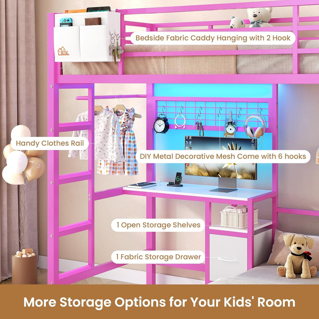 Mabor Metal Bunk Bed with Desk Twin Over Twin Size Bunk Bed with Charging Station and LED Lights, Twin Size Loft Bed Frame with Storage Shelves and Drawers for Bedroom, No Box Spring Needed, Black