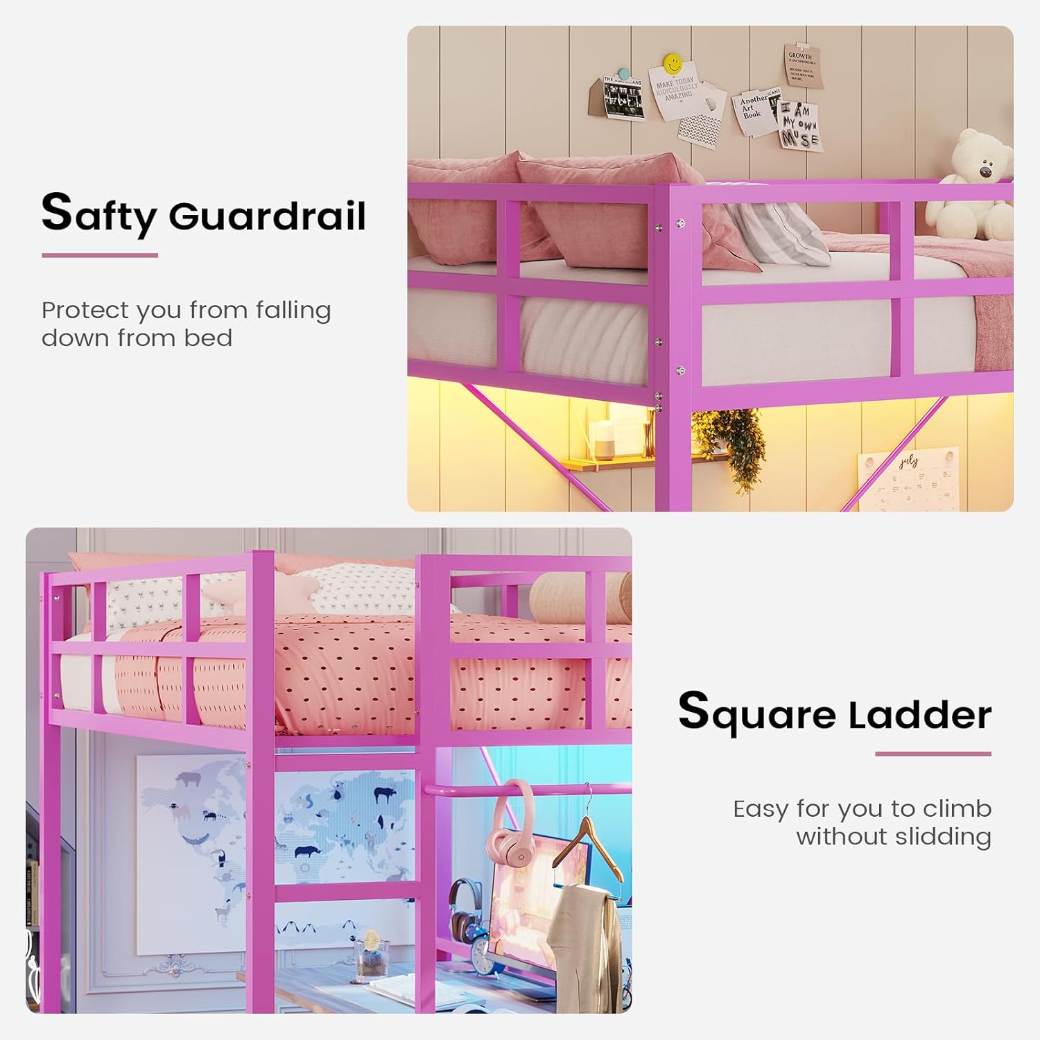 Twin Size Loft Bed Frame with Led Lights, Metal Loft Bed Frame with Full-Length Guardrail and Ladder, No Box Spring Needed, White