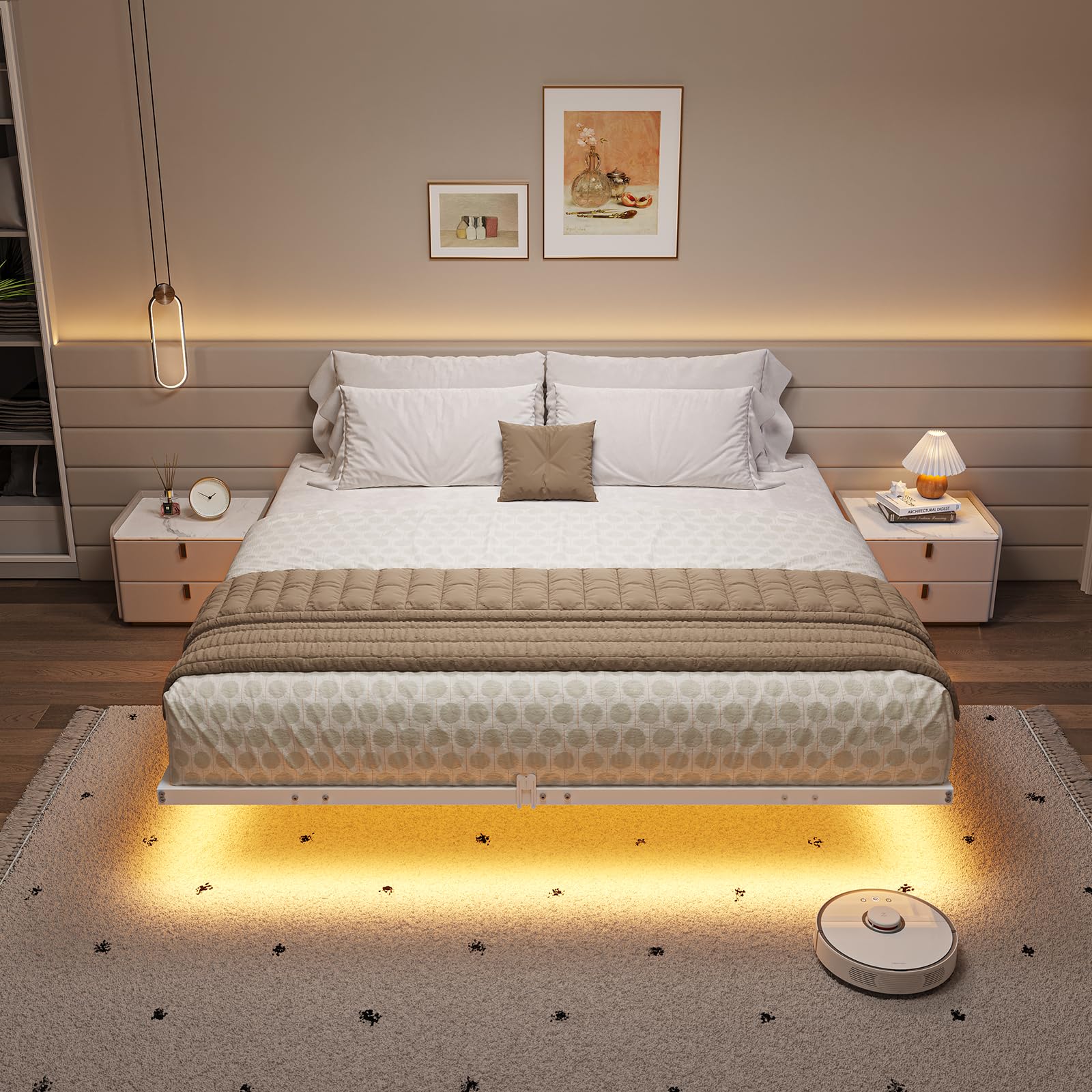 Mabor Metal Floating Bed Frame with LED Lights for Bedroom,No Box Spring Needed,Black/White