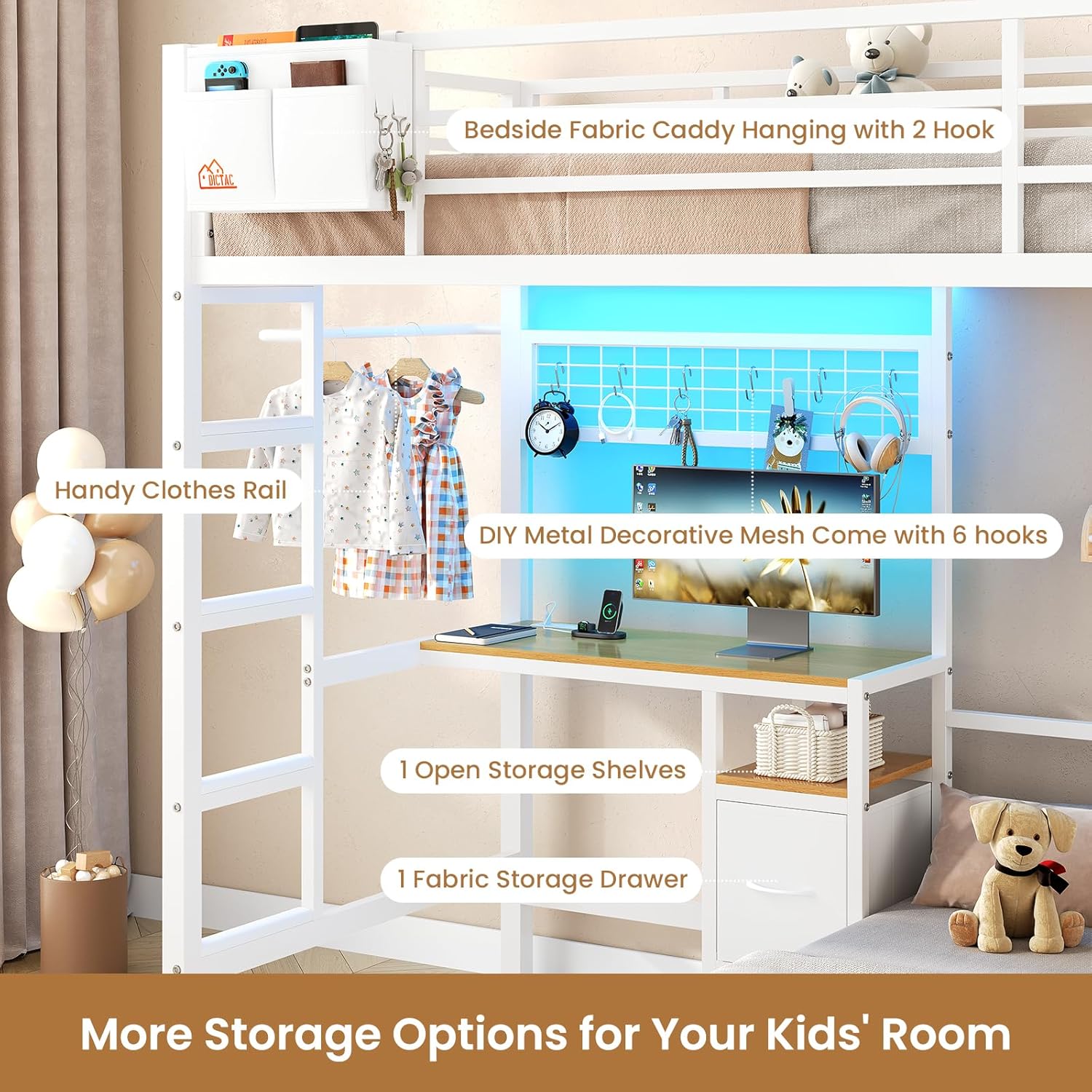 Mabor Metal Bunk Bed with Desk Twin Over Twin Size Bunk Bed with Charging Station and LED Lights, Twin Size Loft Bed Frame with Storage Shelves and Drawers for Bedroom, No Box Spring Needed, Black
