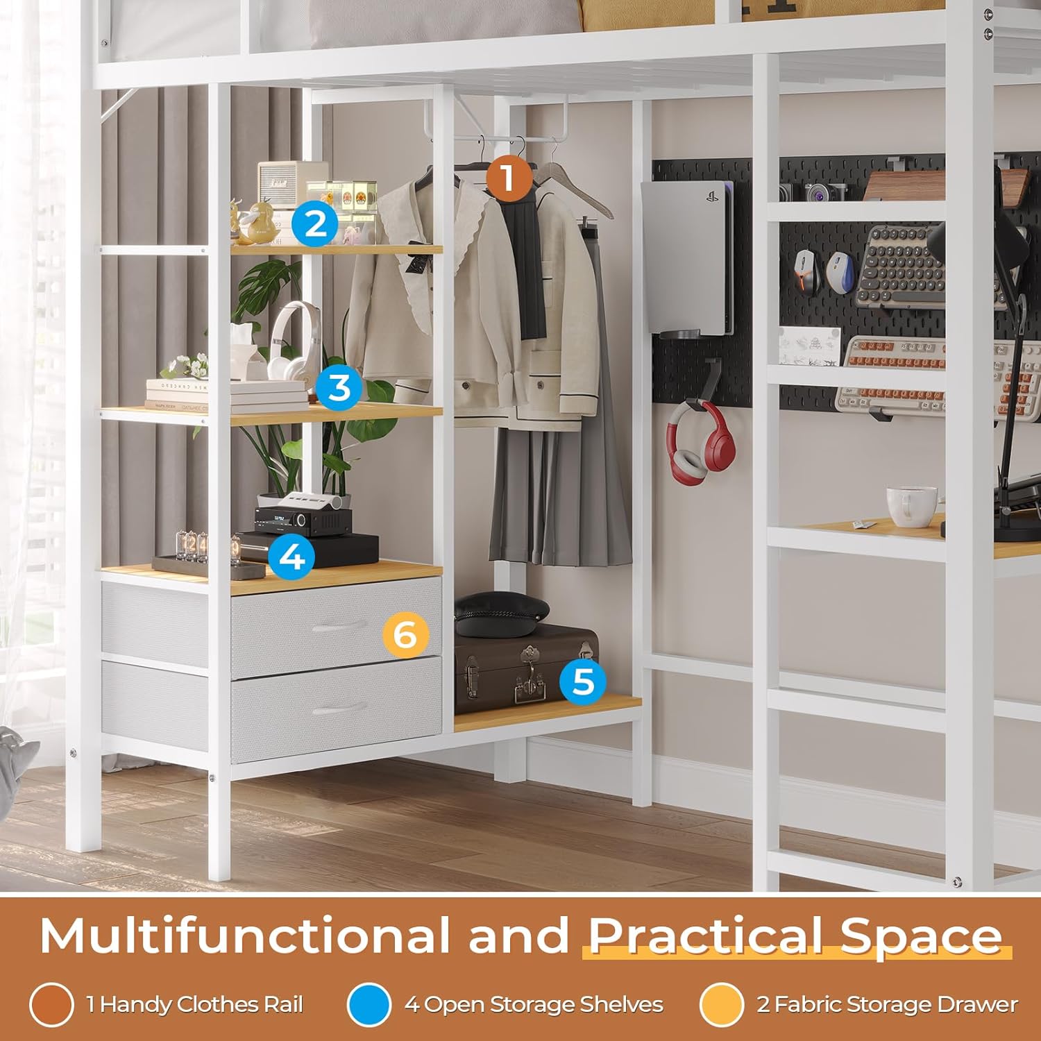 Mabor Twin Loft Bed with Desk&Charging Stations&Led Lights, LED Metal Loft Bed Frame with Storage Shelves&Drawers&Clothes Rail, Safety Guard & Ladder, Black