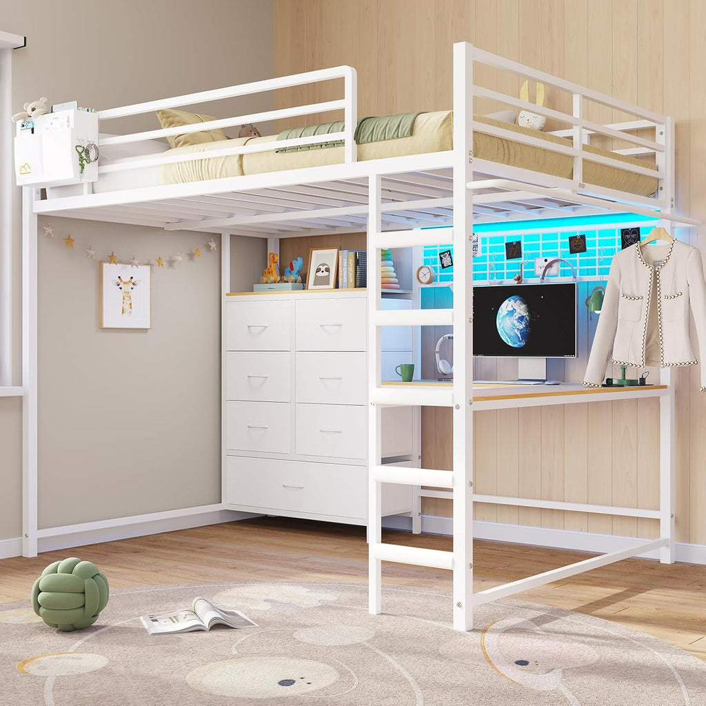 Mabor Twin/Full Size Loft Bed Frame with L-Shaped Desk & Charging Station & LED Lights & 7 Storage Drawers for Bedroom, Black/White