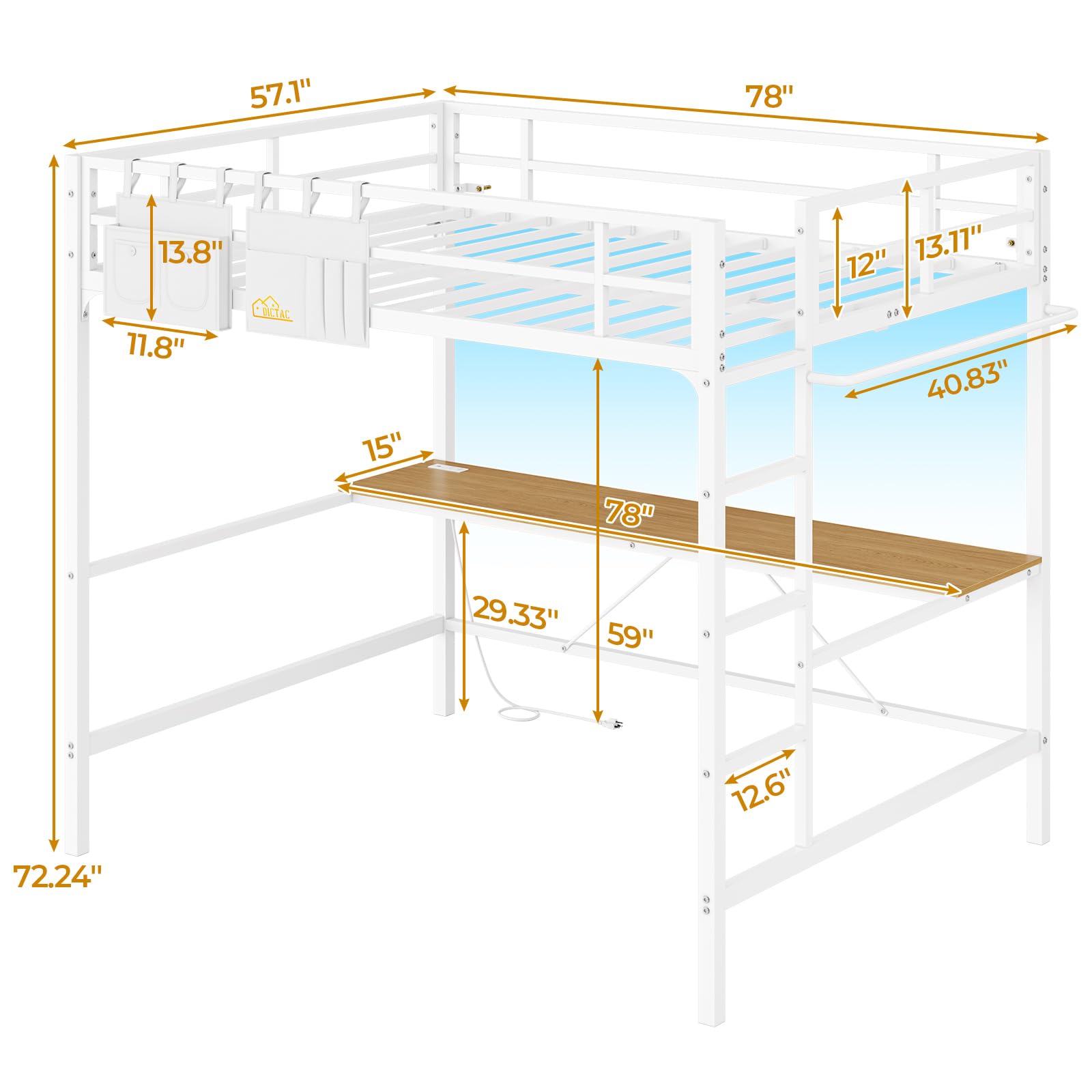 Loft Bed Frame Full Size Heavy Duty Metal Loft Bed with Desk&Charging Station&Led Lights&Clothes Rail, Safety Guard & Ladder, No Noise, Black