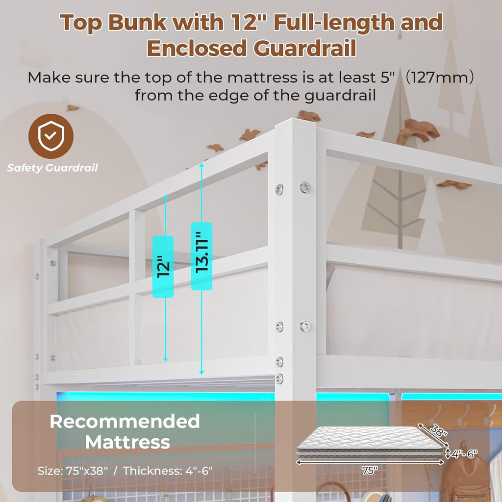 Twin Size Loft Bed with L-Shaped Desk&LED Lights&Charging Station, Twin Metal Loft Bed with Storage Shelves&Drawers,Top Bunk with Safety Guard & Stair, Black