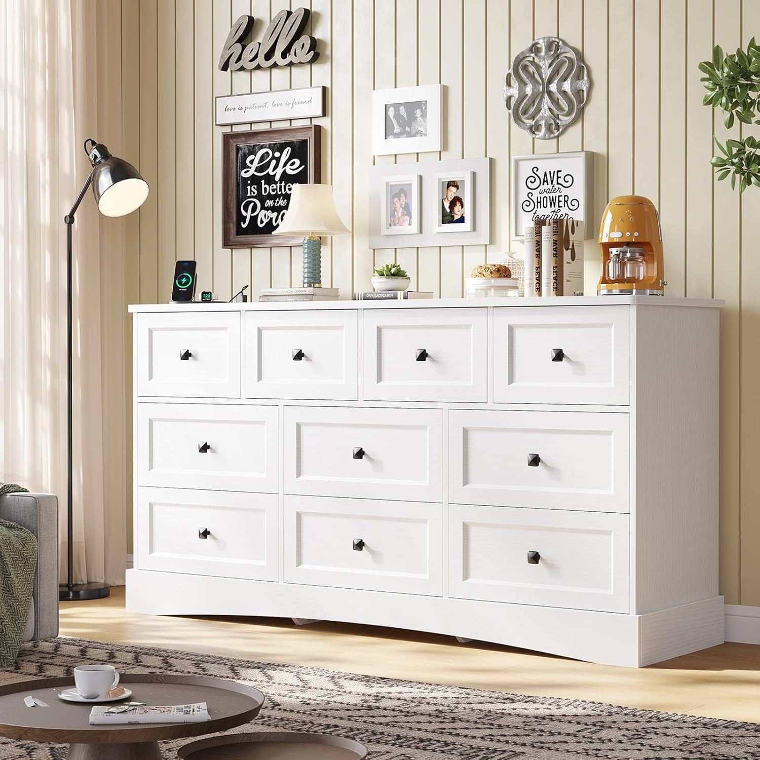 Mabor 10 Drawers Dresser with Charging Station for Bedroom, Farmhouse Chest of Drawers, Black/White