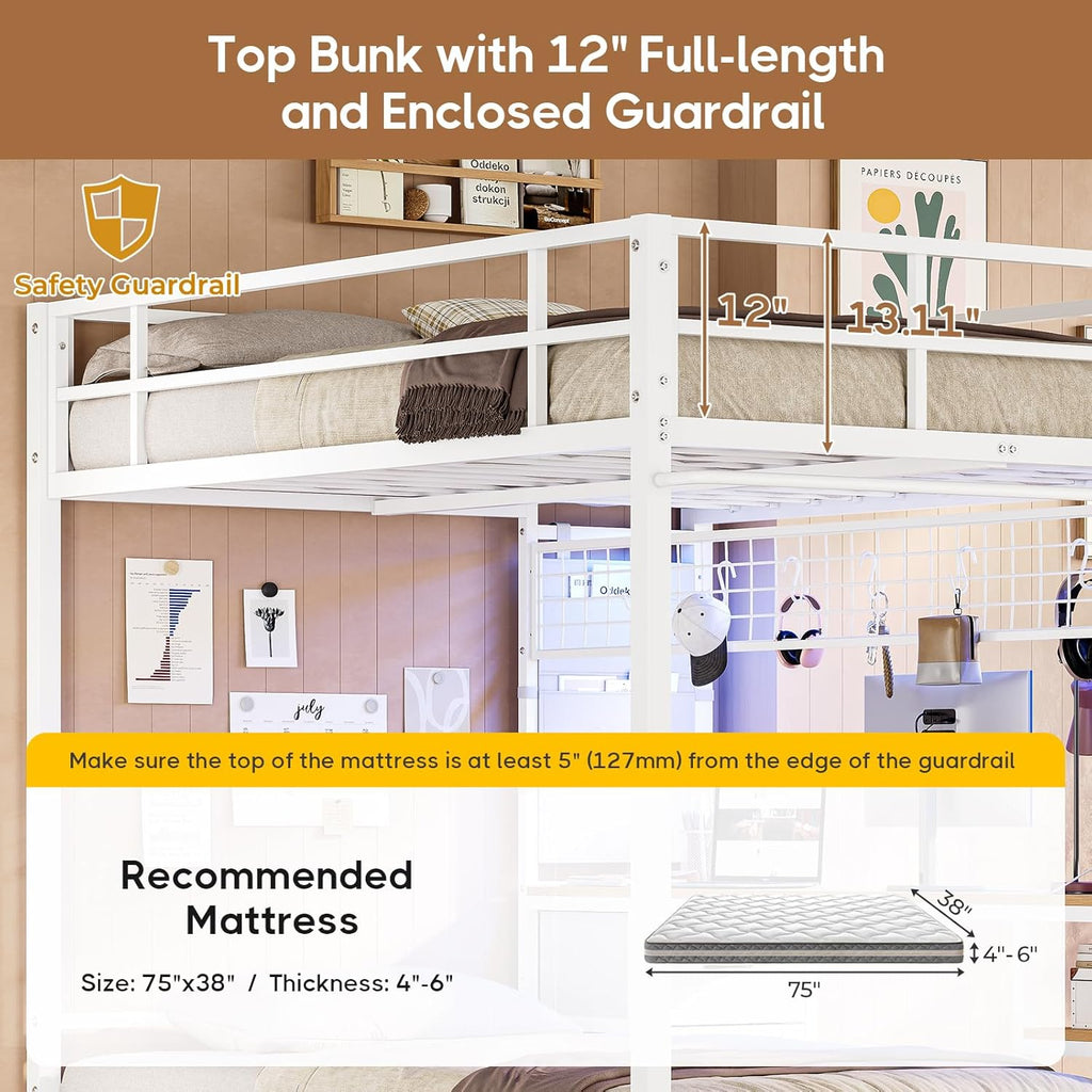 Full Over Twin Size Bunk Bed with Desk&Charging Station&LED Lights&Drawers&Storage Shelves, Full Over Twin Metal Loft Bed for Adults, No Box Spring Needed, White
