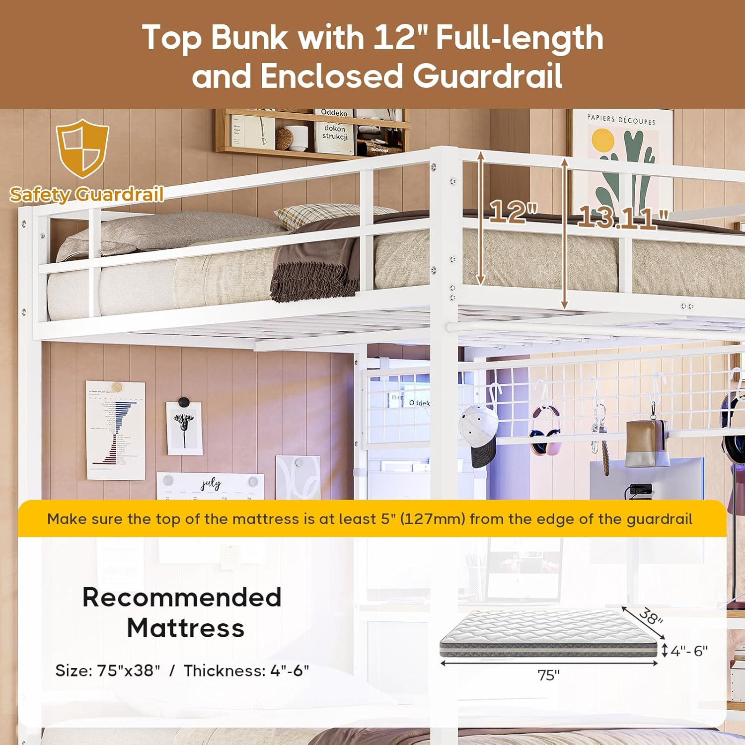 Full Over Twin Size Bunk Bed with Desk&Charging Station&LED Lights&Drawers&Storage Shelves, Full Over Twin Metal Loft Bed for Adults, No Box Spring Needed, White