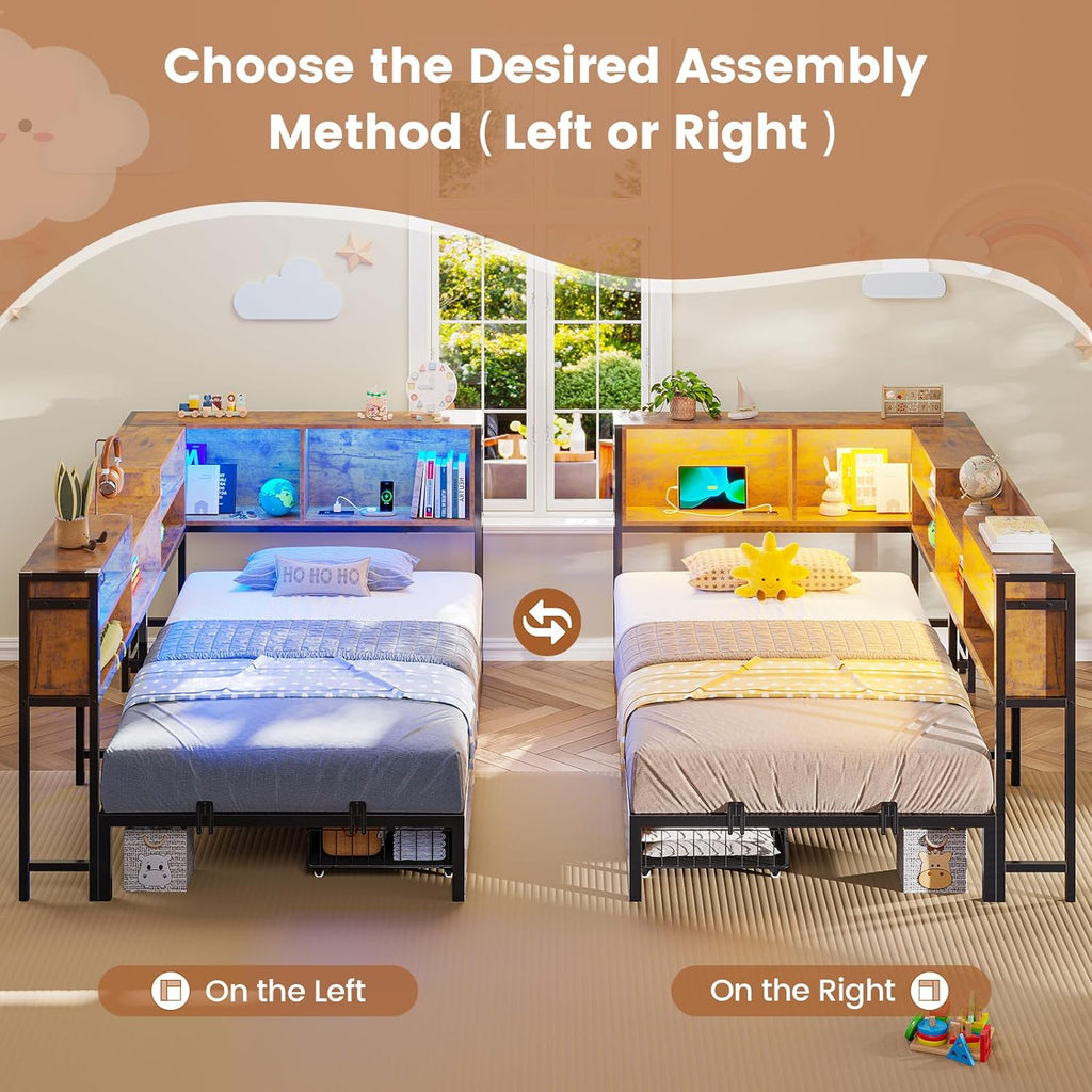 Mabor Metal Daybed Corner Bed Frame with 2 Drawers & Charging Station & Led Light &Bookcase Storage, Twin/Twin XL/Full Size