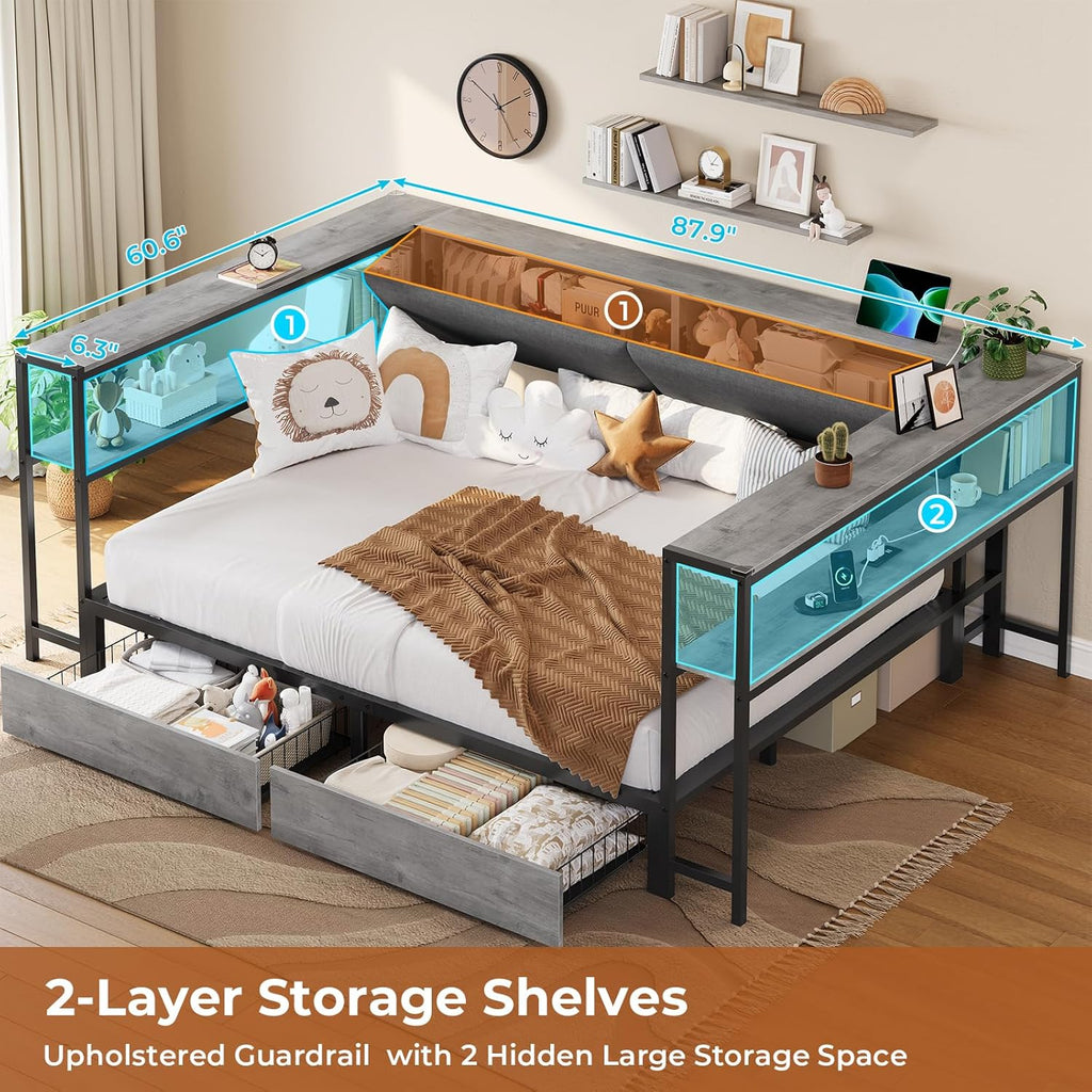 Mabor Corner Bed Frame Twin/Full Size Daybeds with 2 Drawers & Charging Station & Storage Shelves for Bedroom, Black/Gray