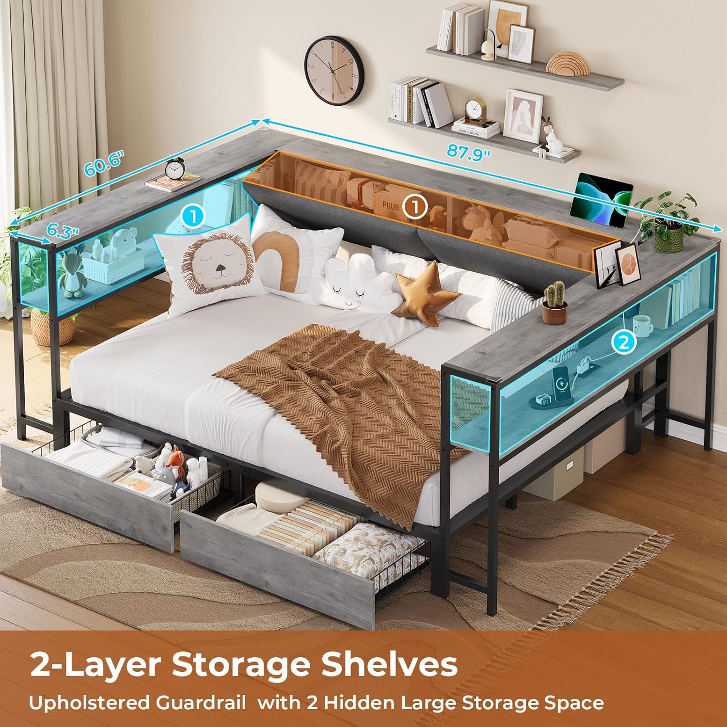 Mabor Corner Bed Frame Twin/Full Size Daybeds with 2 Drawers & Charging Station & Storage Shelves for Bedroom, Black/Gray