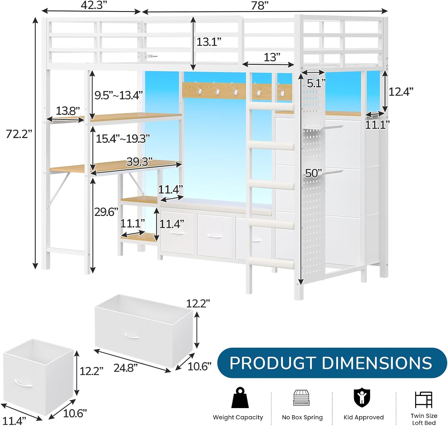 Mabor Twin Size Loft Bed with Desk and 6 Storage Drawers and LED Lights and Charging Station and Large Pegboard,Black/White